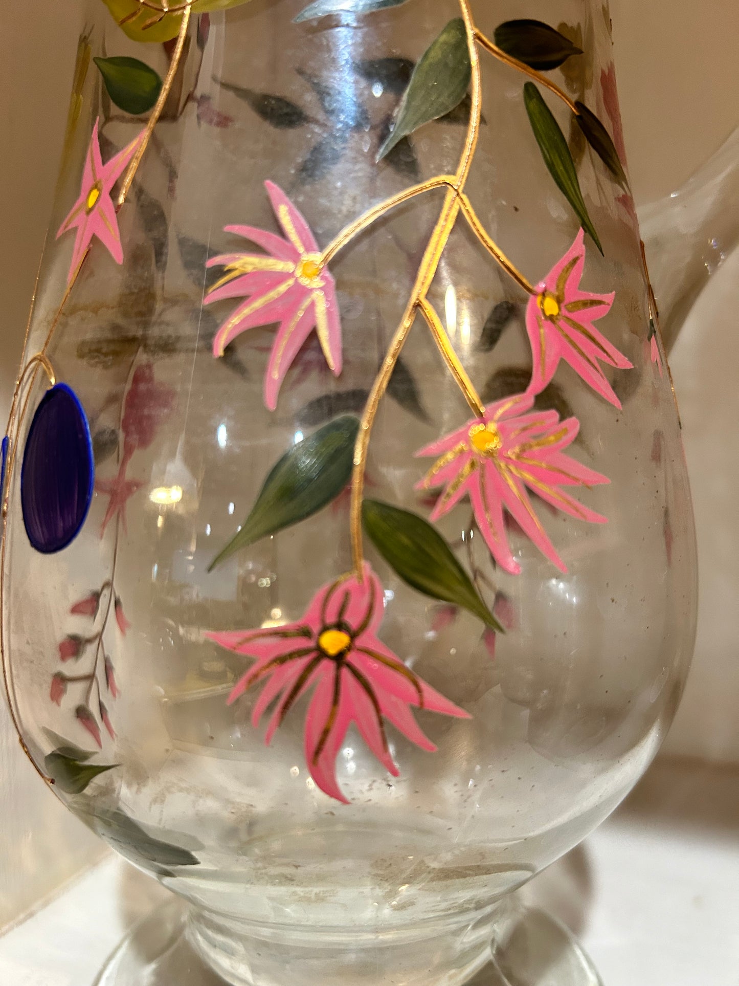 Antique 12” Romanian Crystal Pitcher- Hand Painted Floral Gold Trim