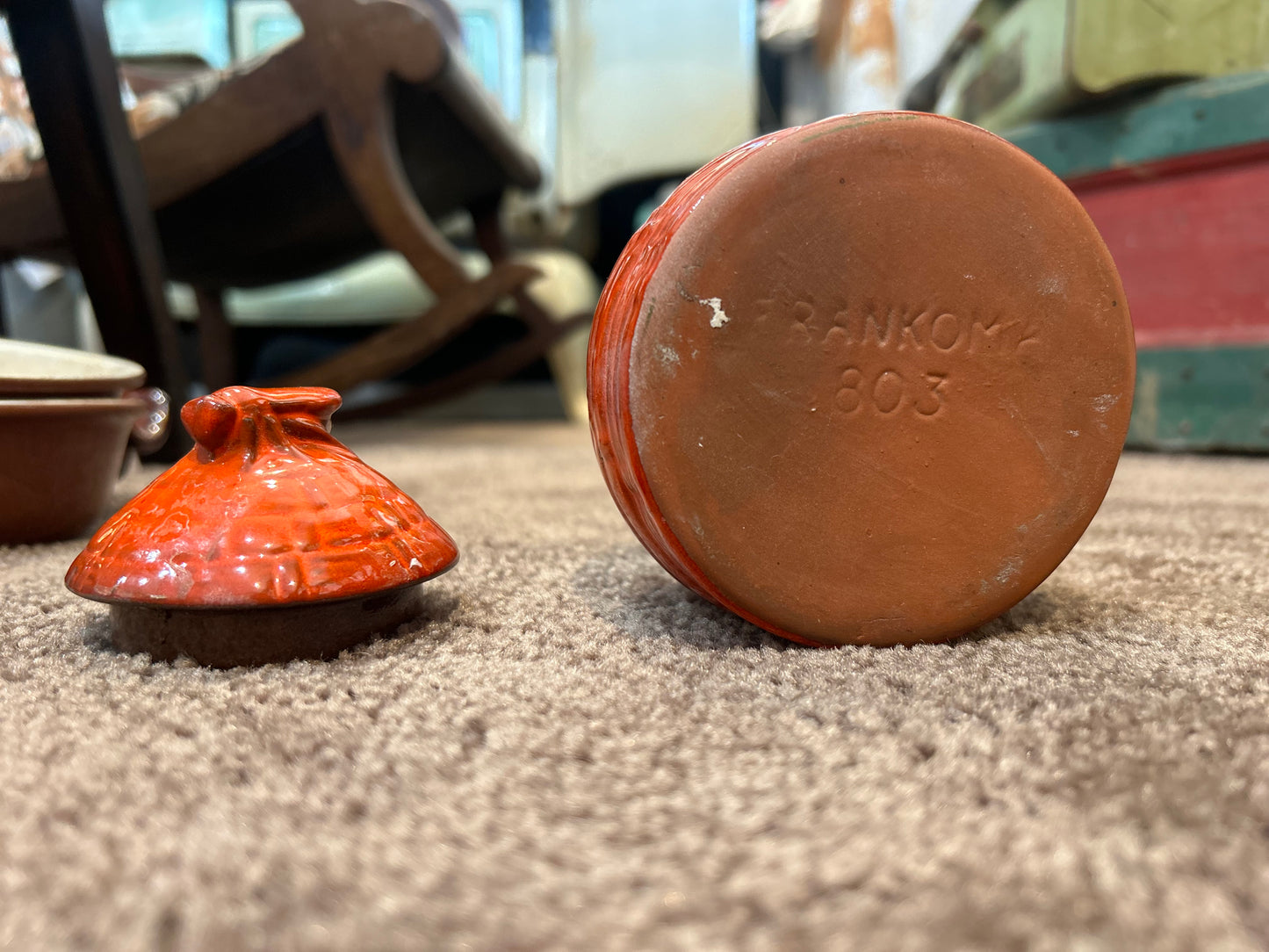 Frankoma Honey Pot with Bee Lid- Flame Orange- Missing Spoon