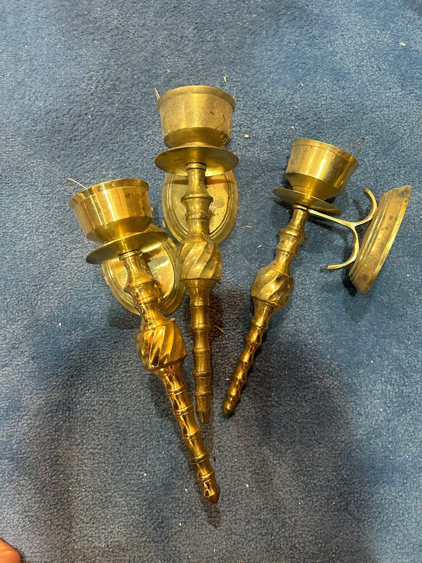 Set of 3 Neoclassical Style Turned Brass Candle Holder/Wall Sconces