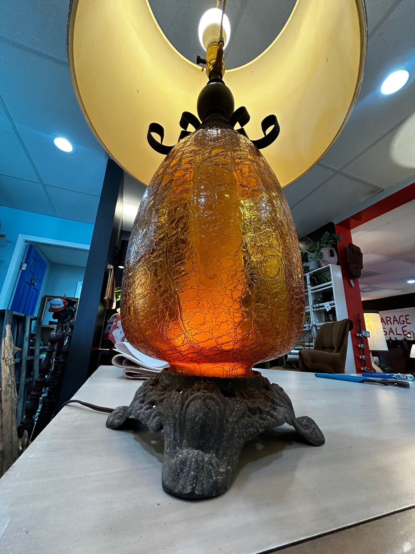 Vintage MCM Hollywood Regency Amber Crackle Glass Lamp with Shade