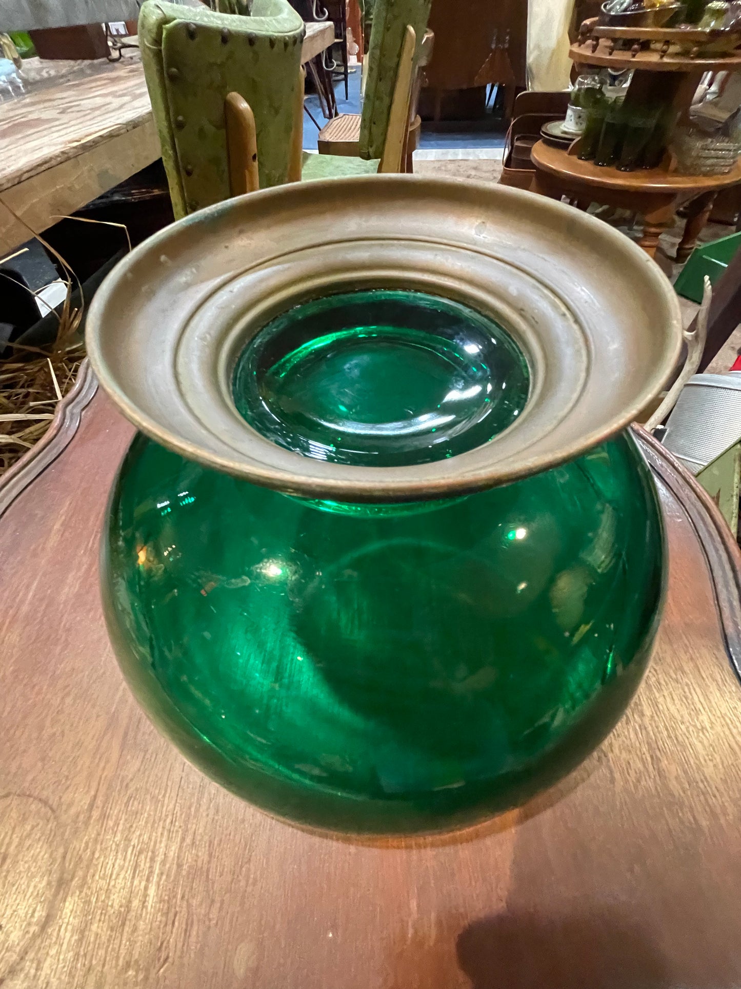 Art Deco Vintage Emerald Glo Glass Bowl with Brass Base- Paden City Glassware