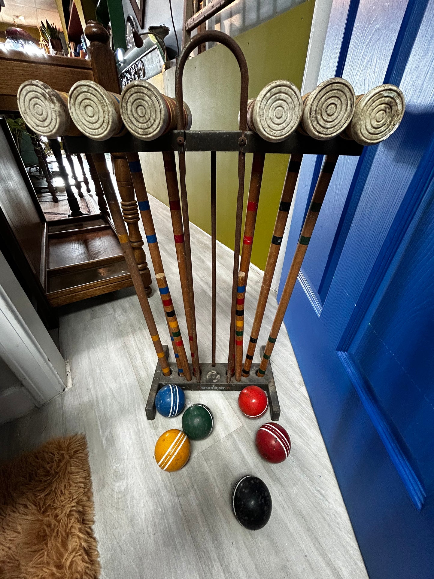 Vintage Sportcraft Croquet Set- Wooden Tools Plastic Carrier