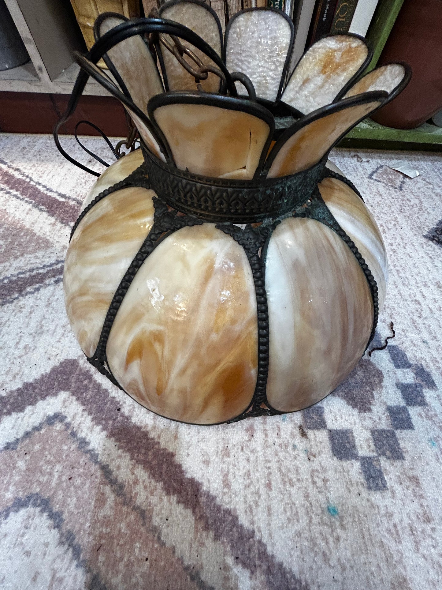 Antique 8 Panel Slag Glass Stained Hanging Light Fixture