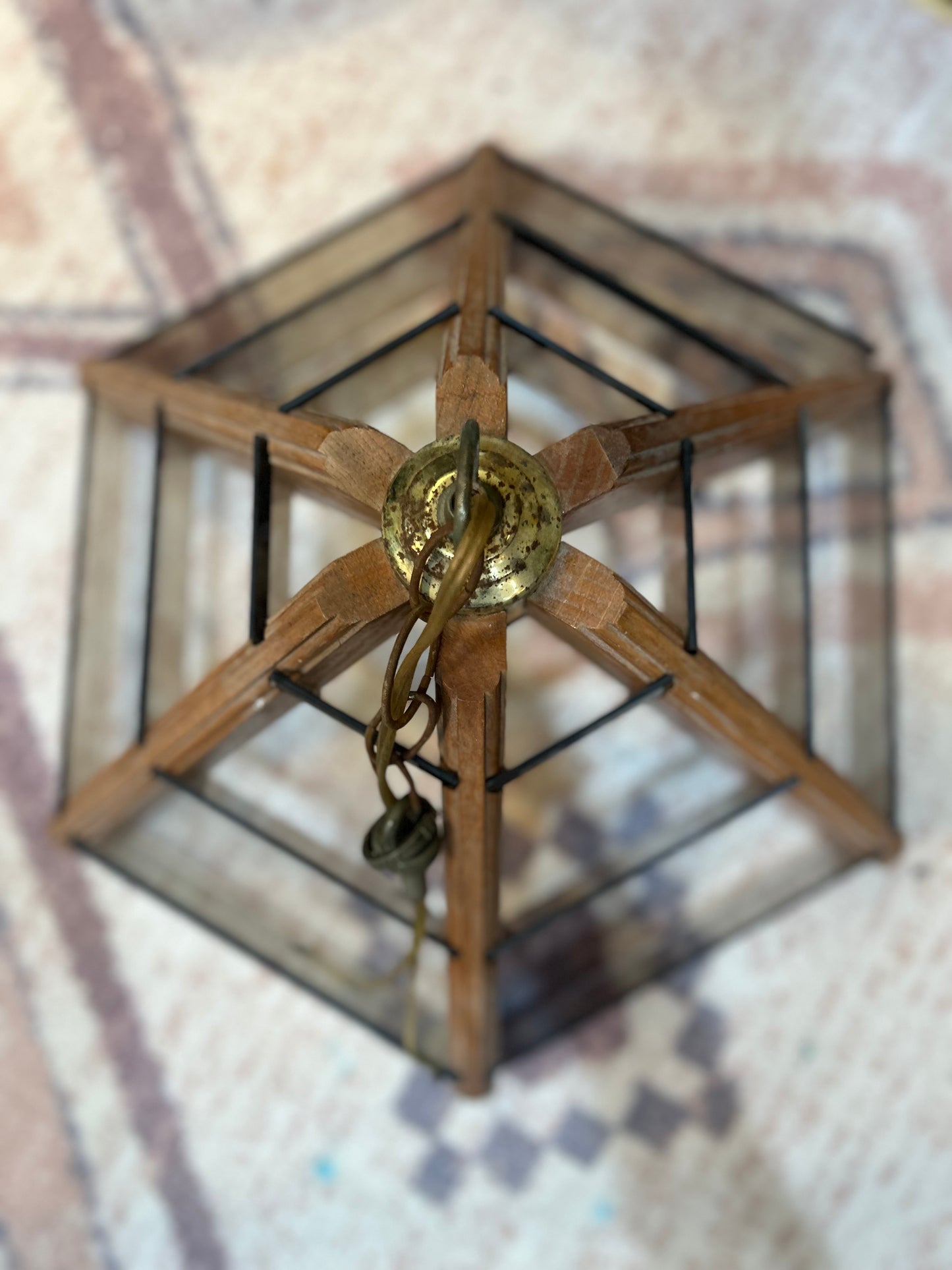 Mid Century Hexagon Swag Chandy- Tinted Brown Glass Slats