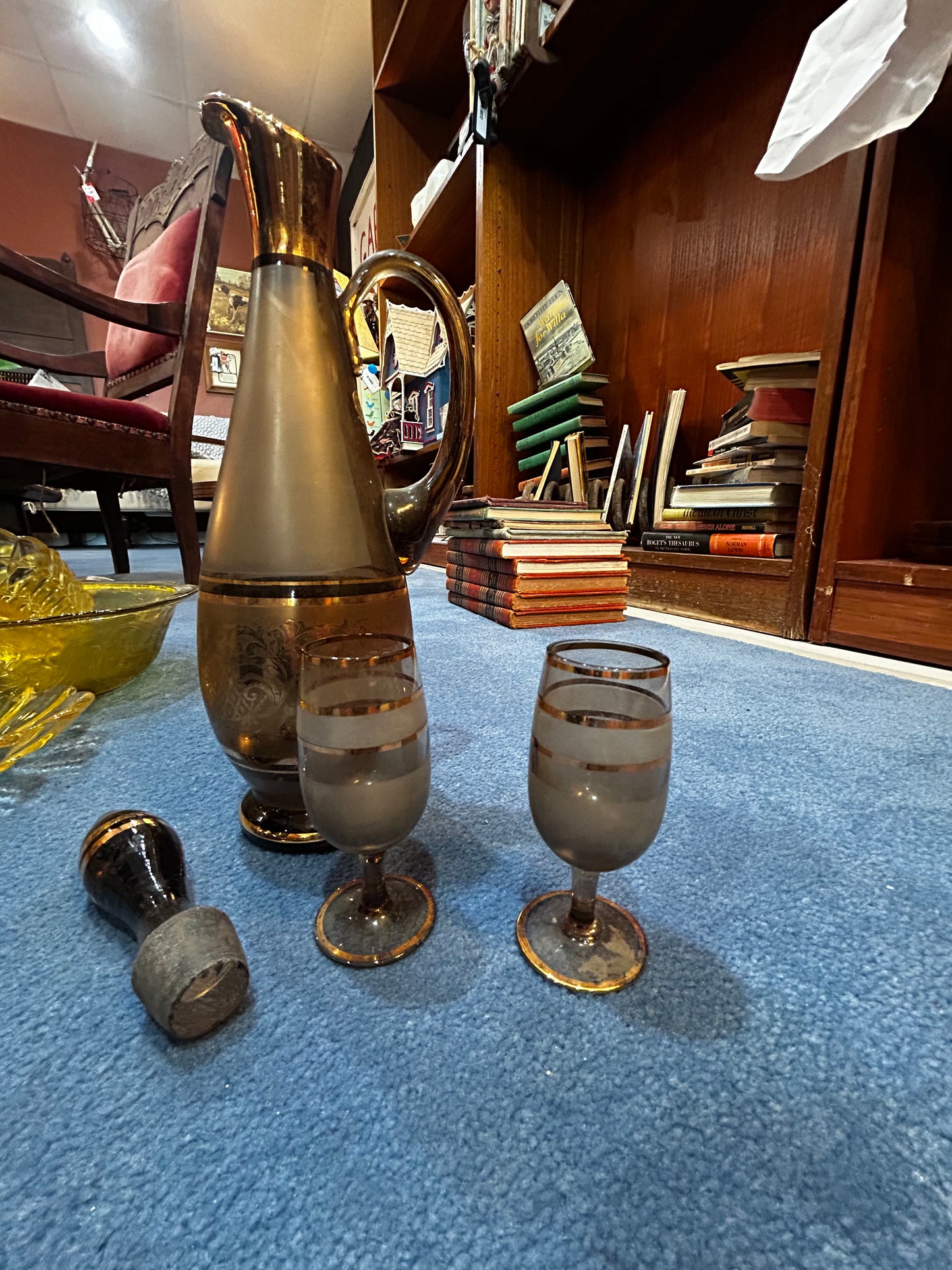 Bohemia Amber Glass Decanter and 2 Glasses- Gold Trim- Czech Made