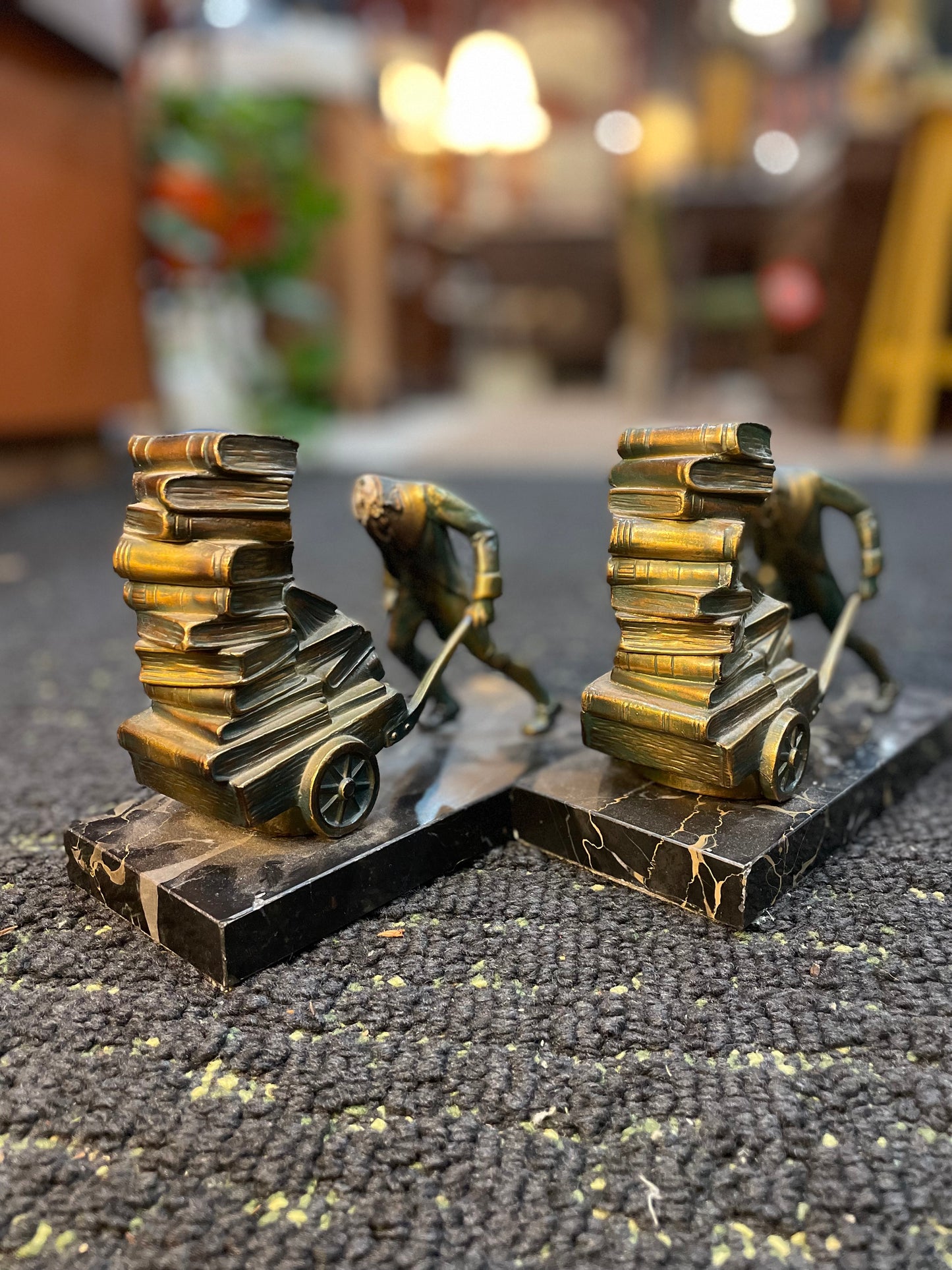 Antique Cast Metal on Marble Bookends- Wheelbarrow of Books-Heads Missing- Scroogey