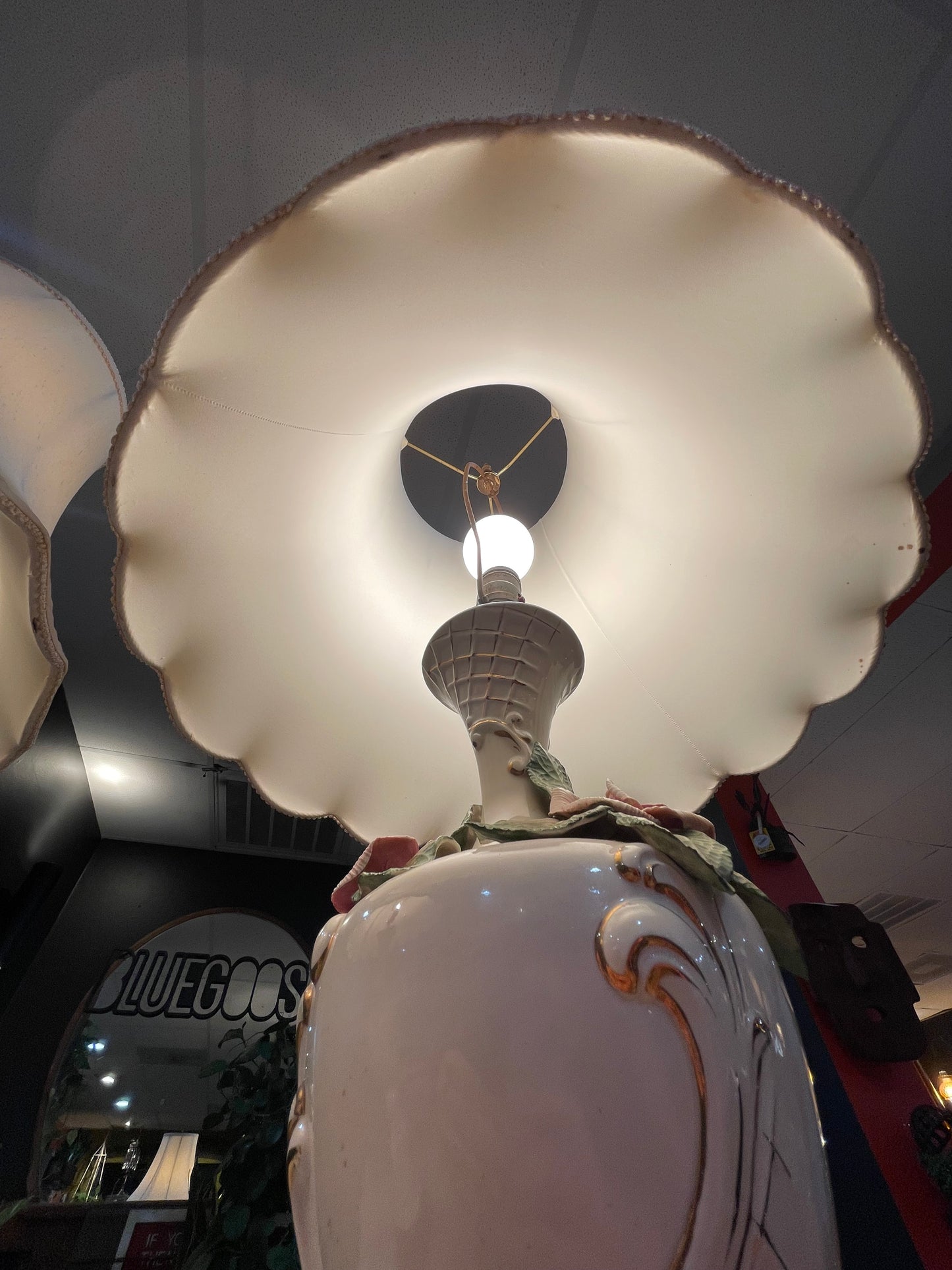 Pair of Vintage Mid 20th Century Capodimonte Rose Porcelain Lamps- Original Shades