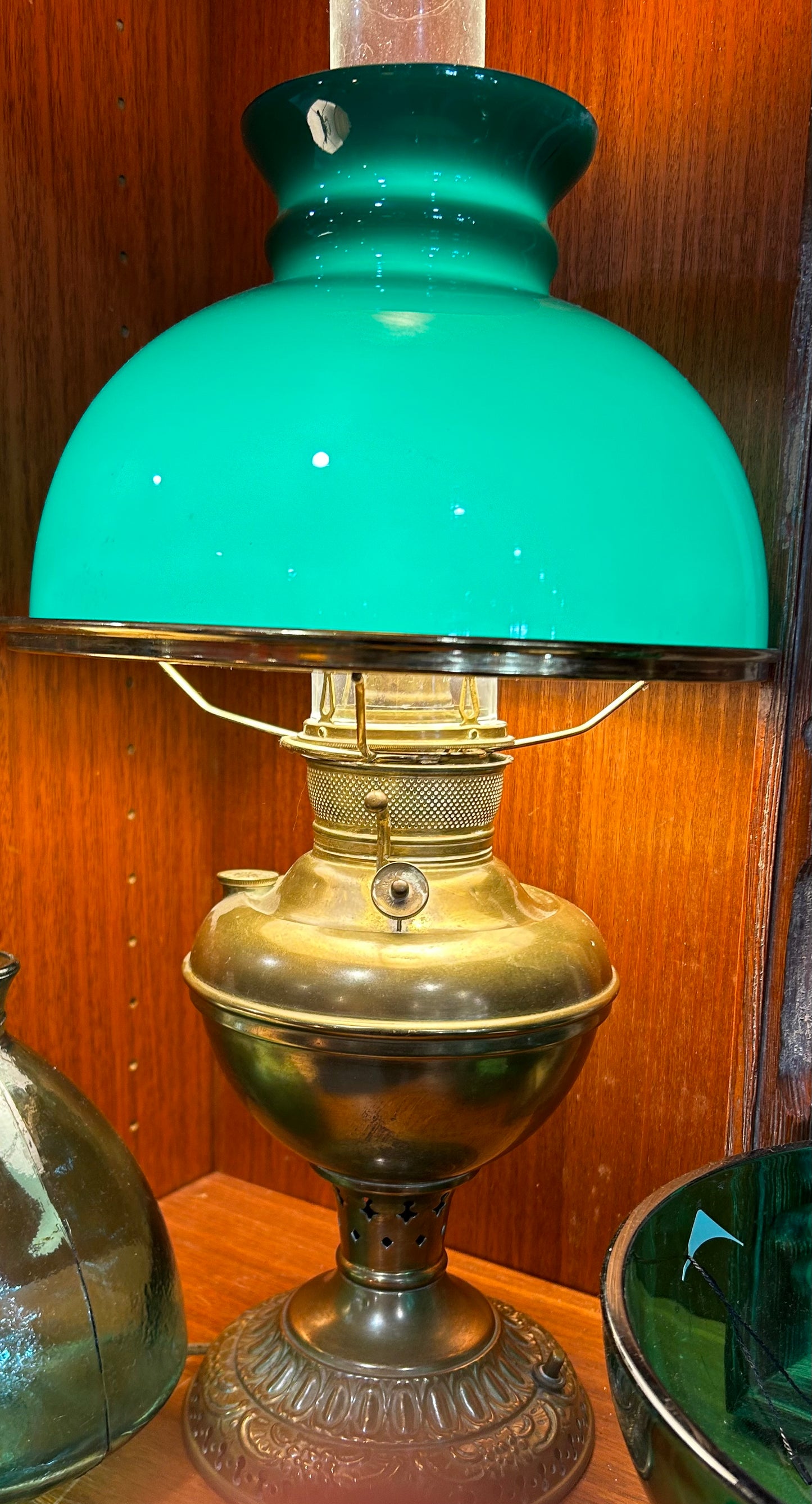 Antique Brass Desk Oil Lamp- Glass Shade- Converted to Electric Late 1800’s