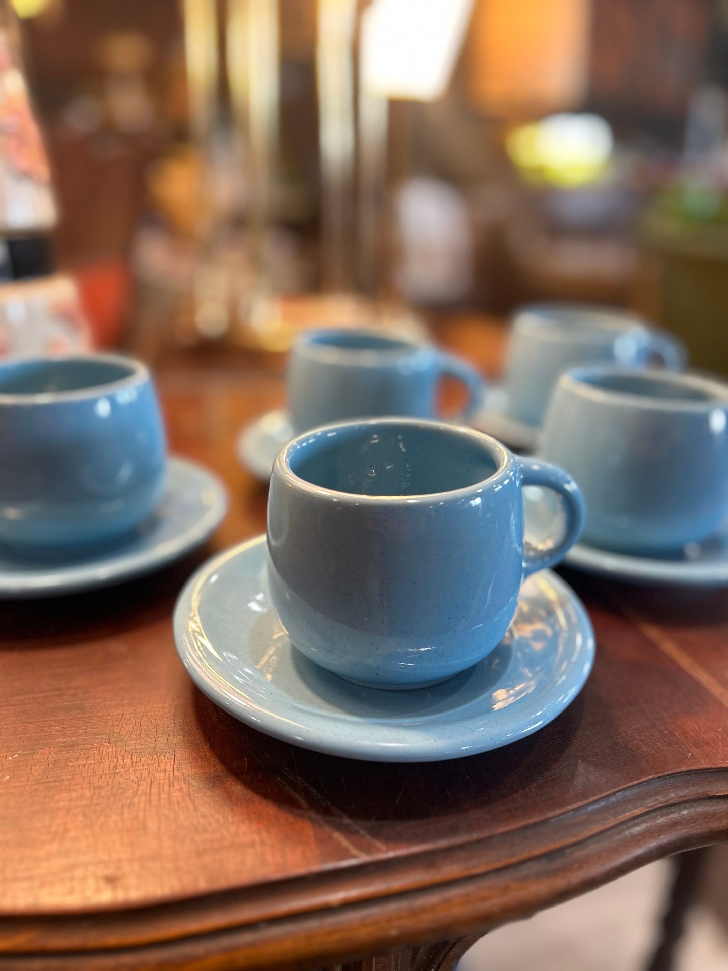 Set of 5 Frankoma Coffee Mugs and Saucers- Lazy Bones Blue