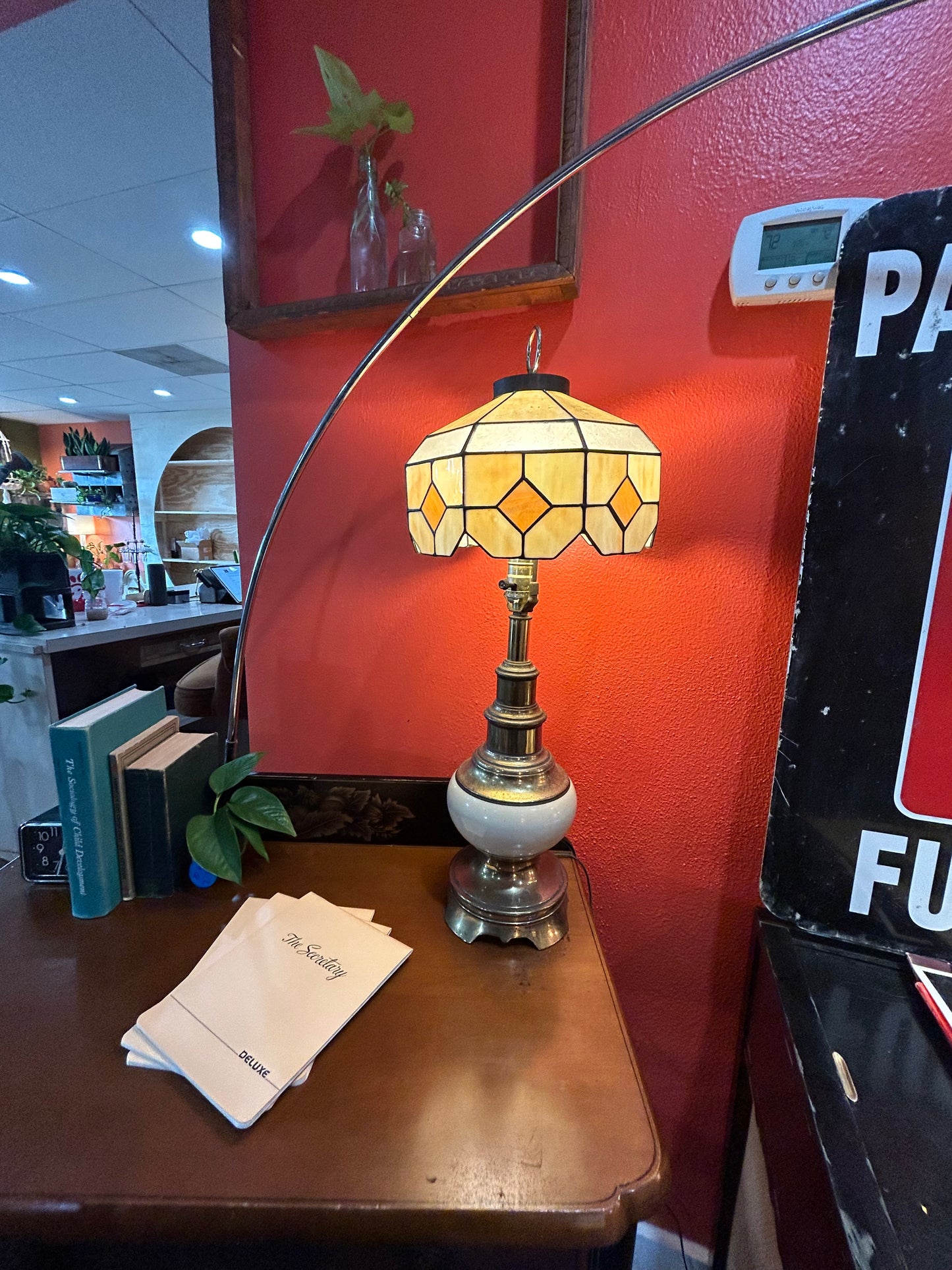 Antique Brass Lamp with Tiffany Style Stained Glass Lampshade