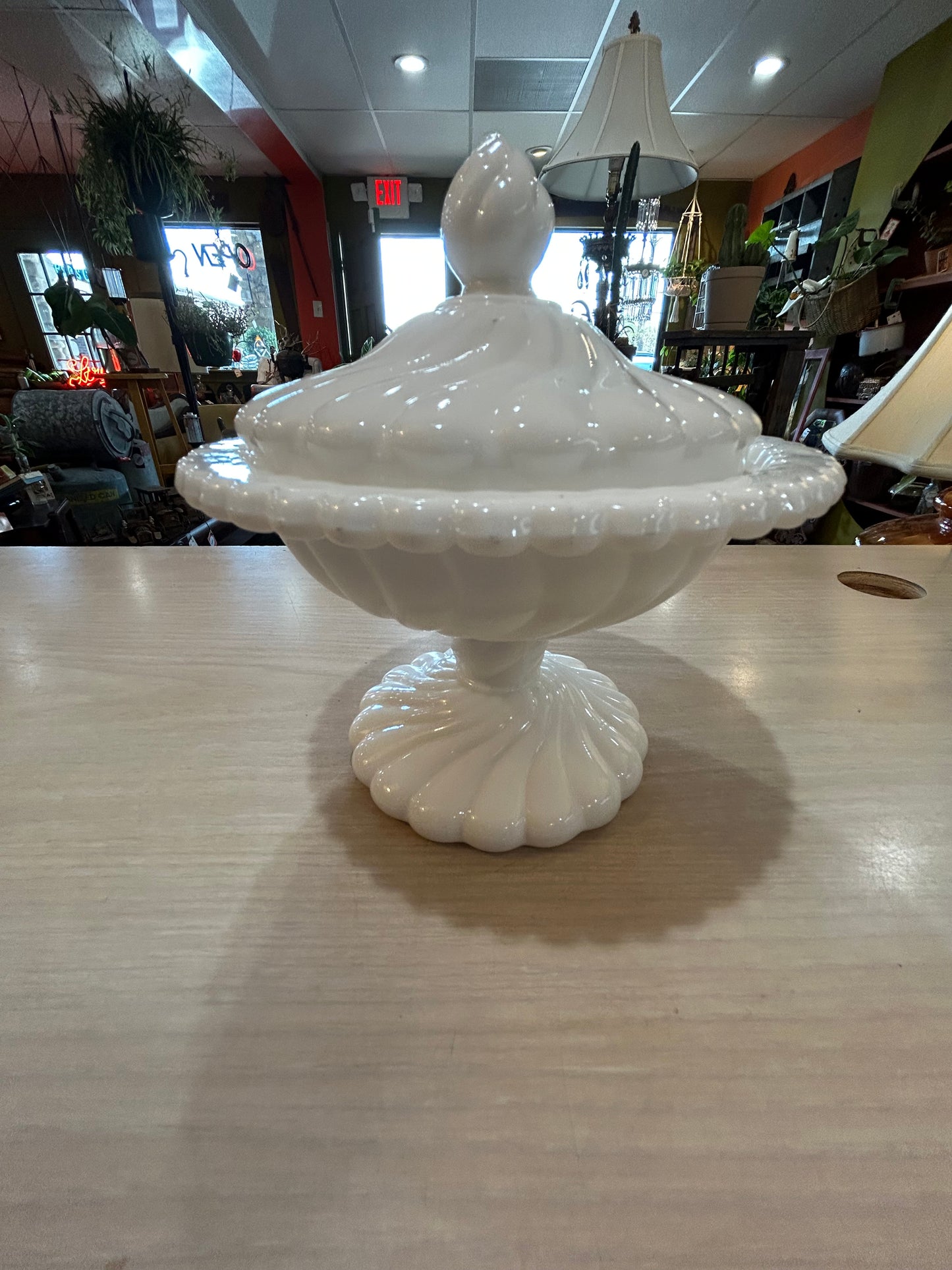 Fostoria Milk Glass Swirl Candy Dish with Lid