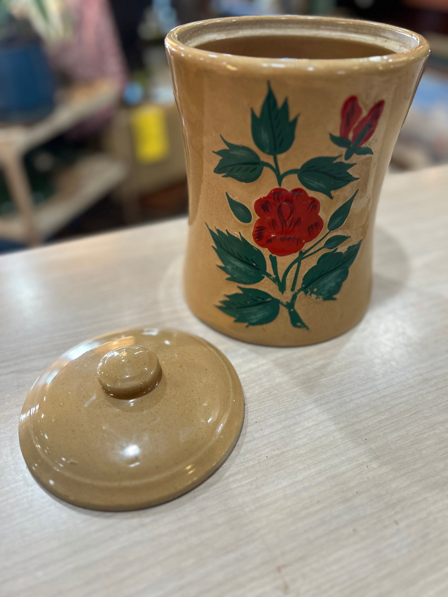 Vintage Roses Stoneware Cookie Jar- Hand Painted