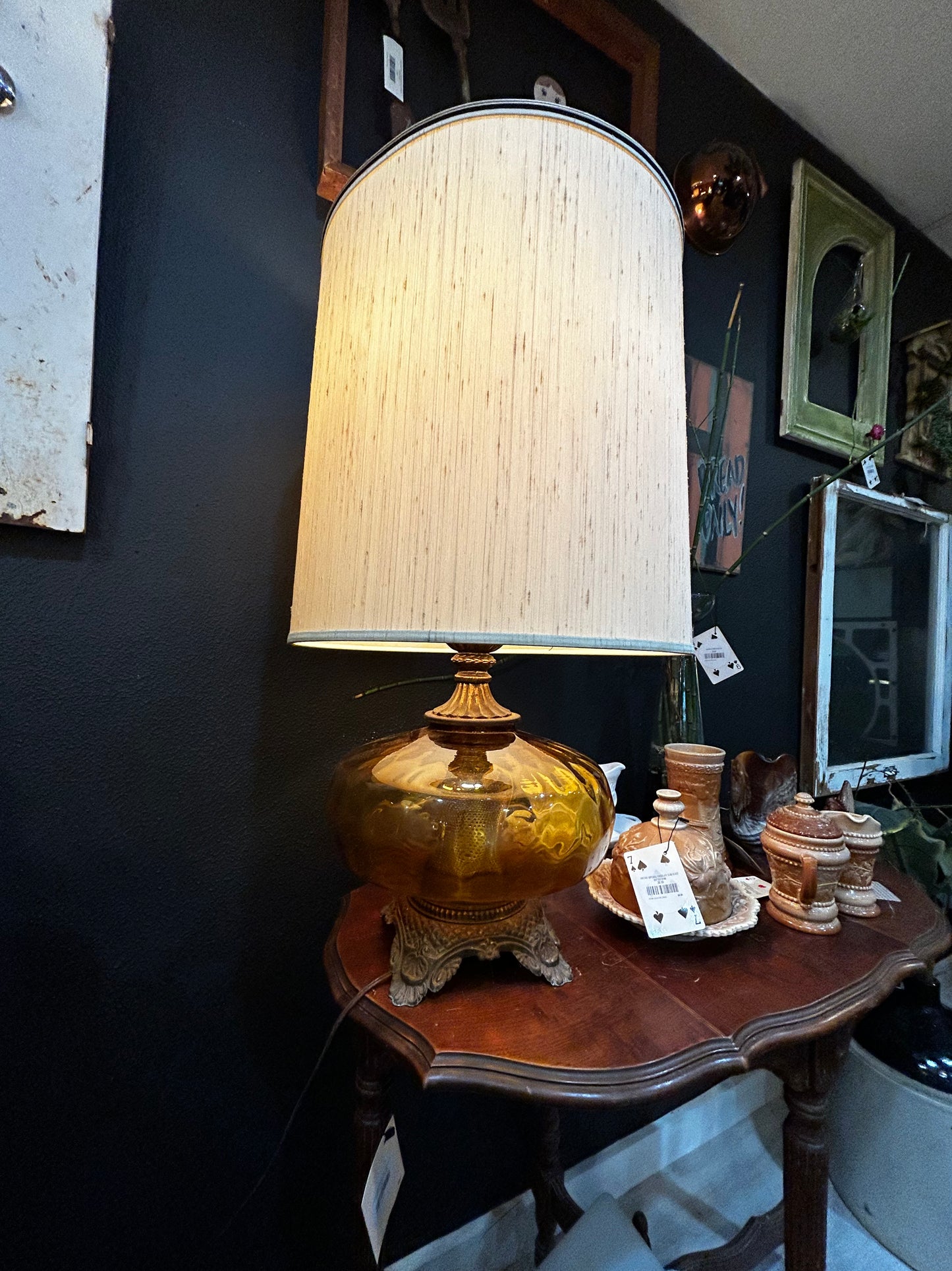 Vintage MCM Glass Amber Lamp with MCM LAmpshade