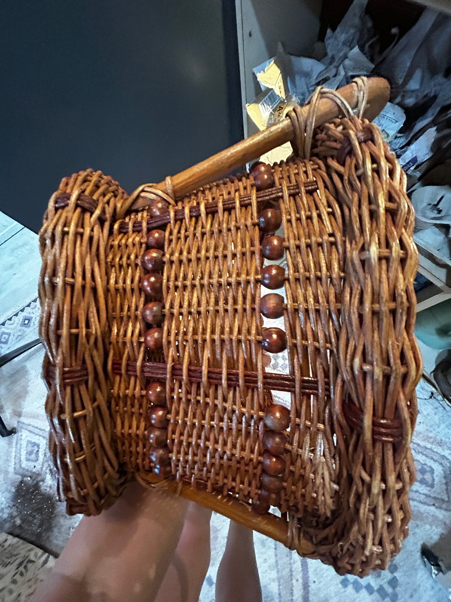 1970’s Hand Woven Basket With Wooden Beads