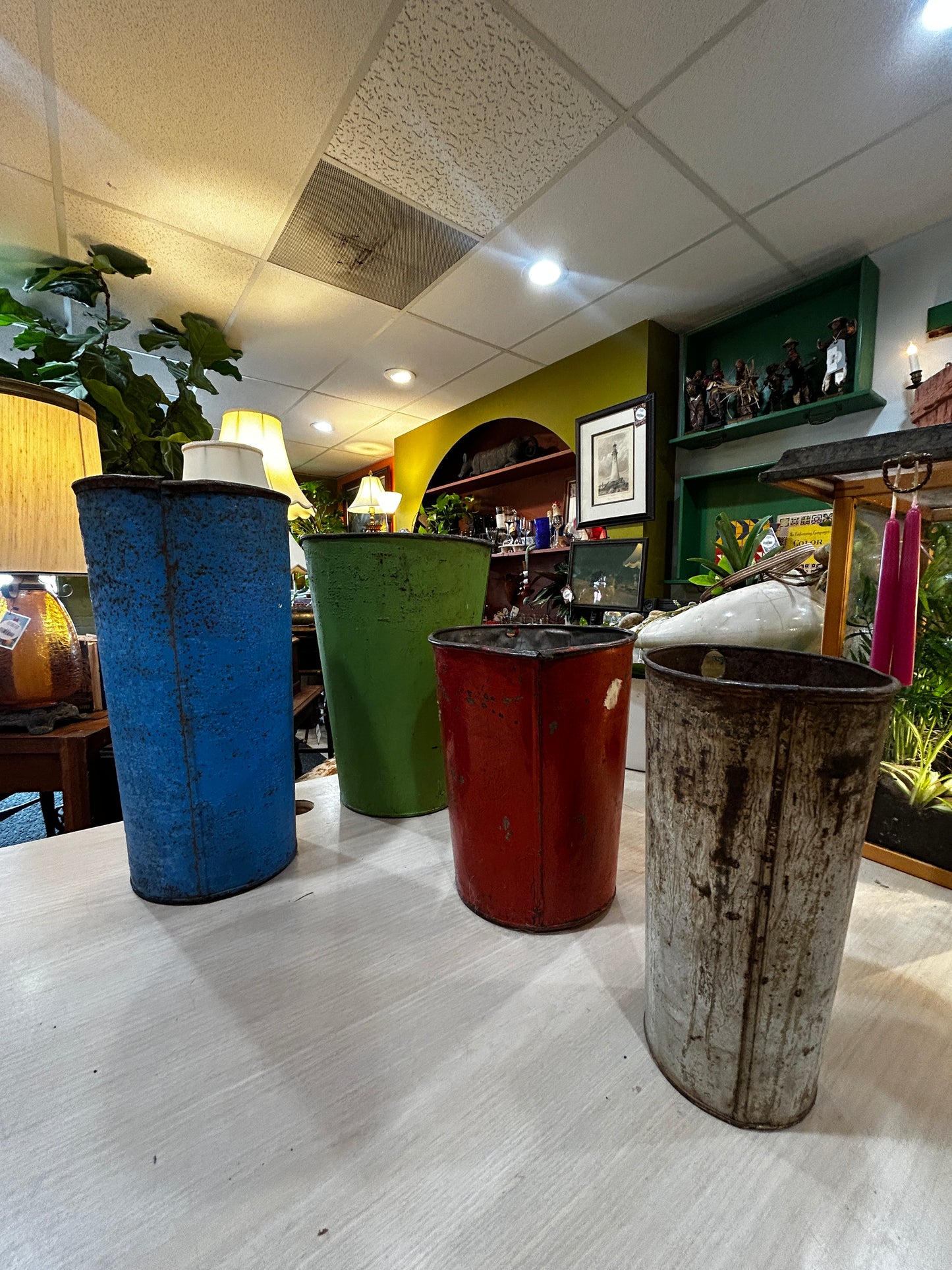 Antique Metal Sap Buckets- Set of 3- Green/blue/grey