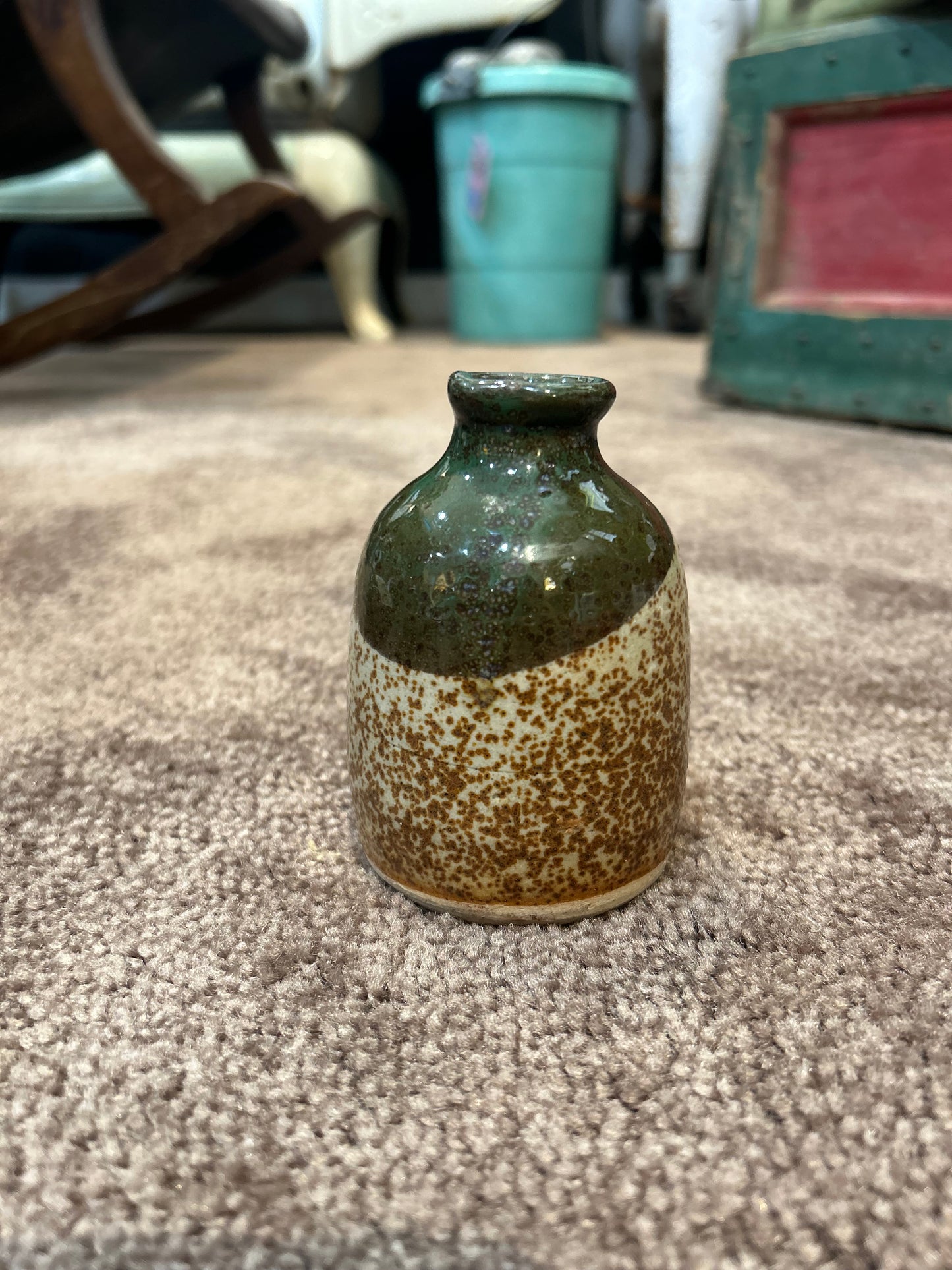 Vintage Brown Speckled and Green Gloss Bud Vase