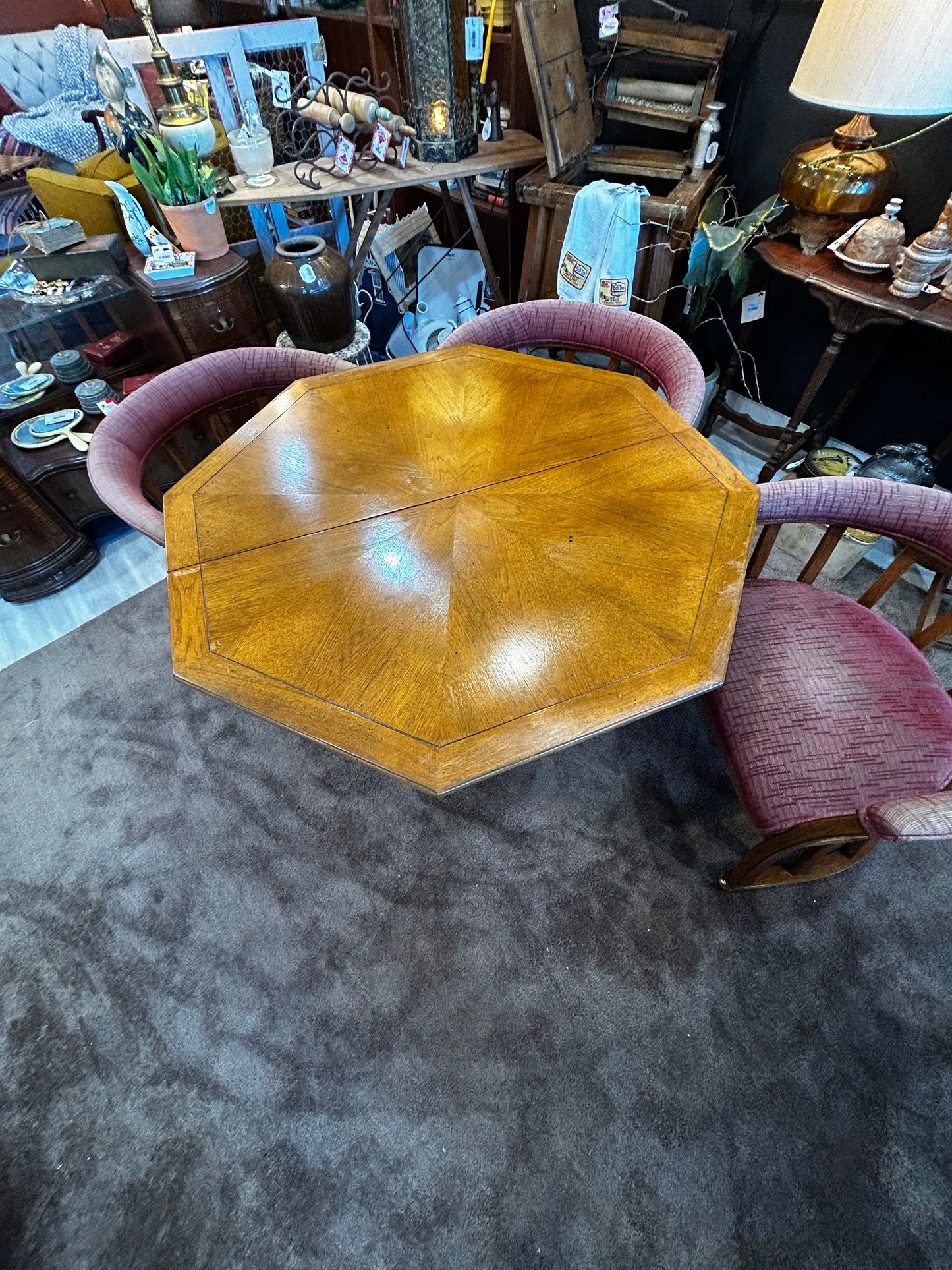 Mid Century Solid Walnut Octagonal Dining Table- 4 Rolling Chairs