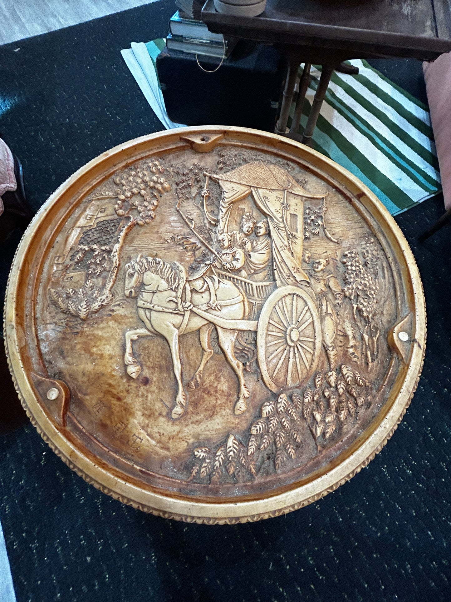 Carved Alabaster Opium Plate Table-Both Pieces RARE