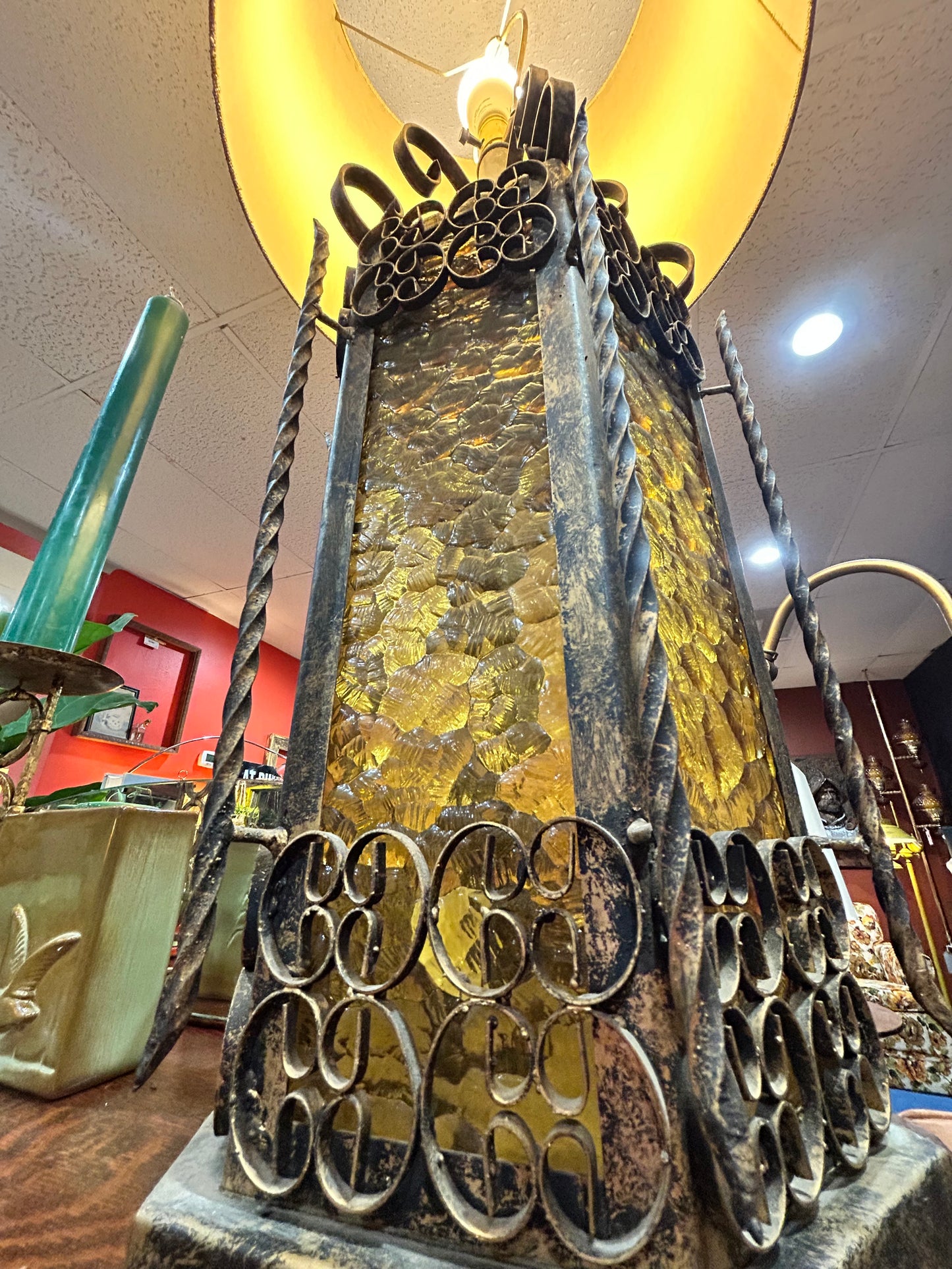 Vintage Amber Glass and Iron Spanish Revival Gothic Table Lamp