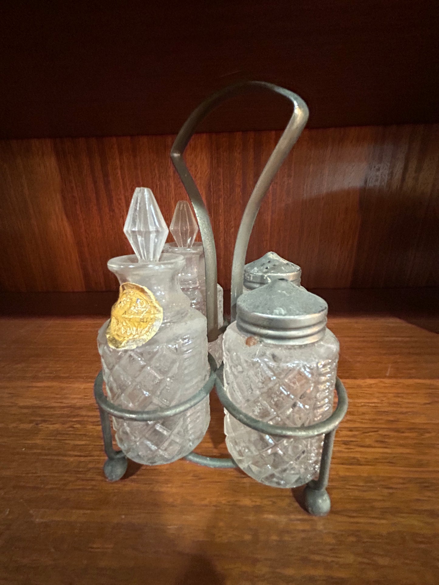 Sheffield Glass Cruet Set with Holder- Oil, Vinegar, Salt, and Pepper