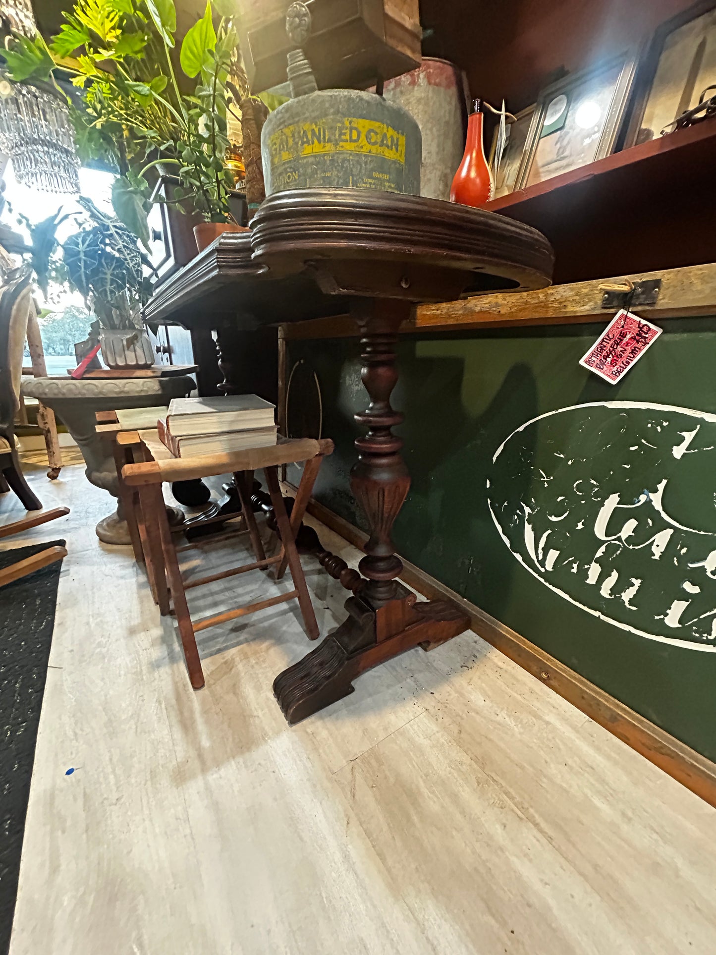 Antique Entry Table with Unique Shape Top- Solid Base, Pressed Wood Top