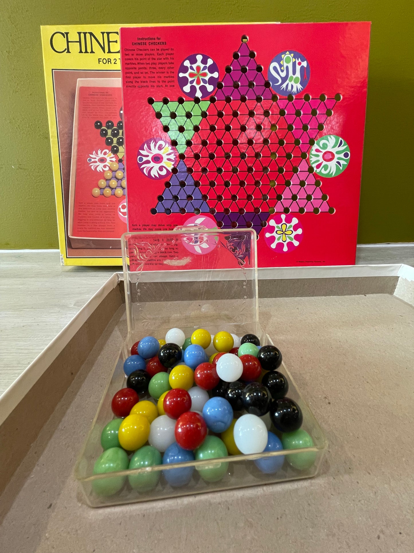 Vintage Chinese Checkers Set- Glass Marbles in Case