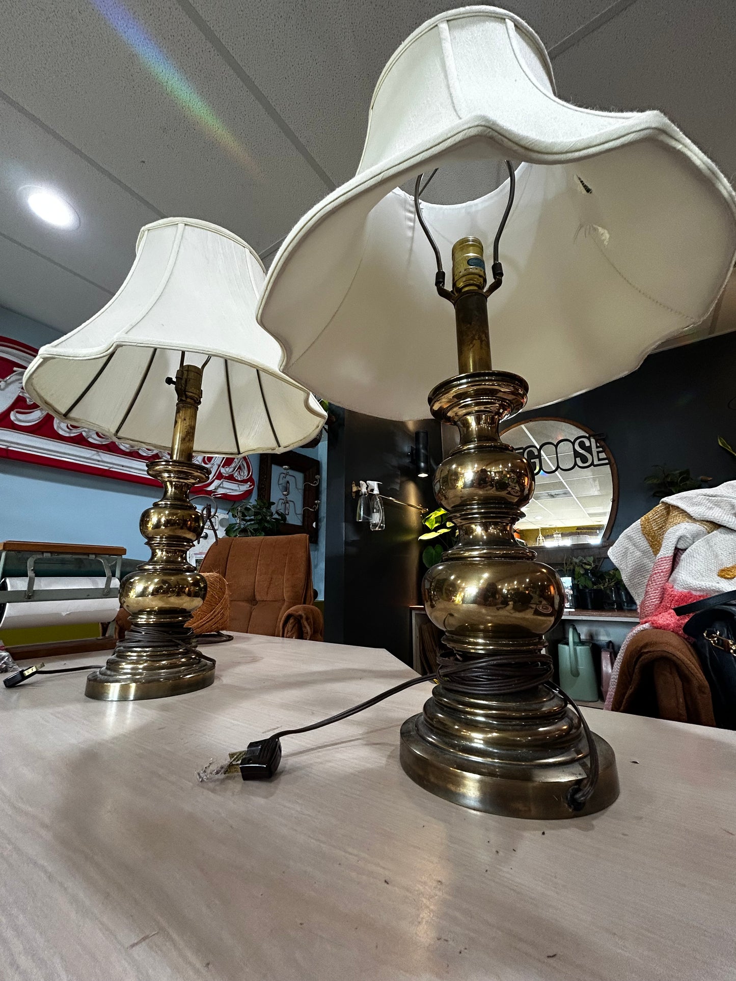 Vintage Stiffel Heavy Bronze Table Lamps- Set of 2 w/ Shades