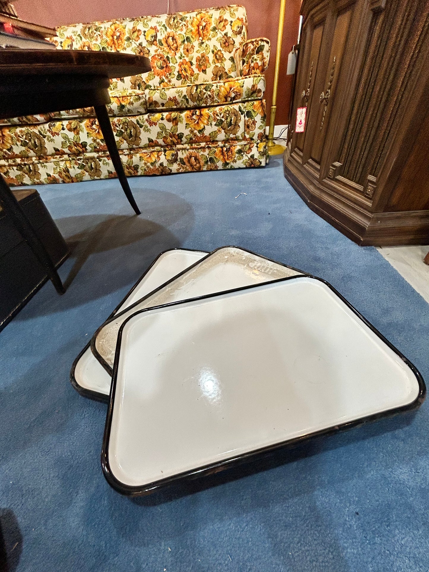 Vintage Black and White Porcelain Enamel Trays