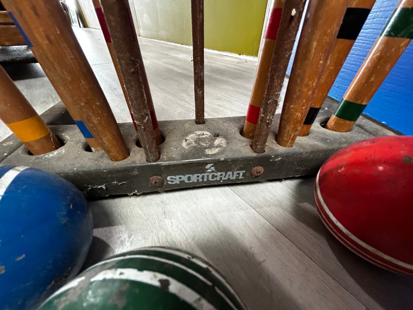 Vintage Sportcraft Croquet Set- Wooden Tools Plastic Carrier