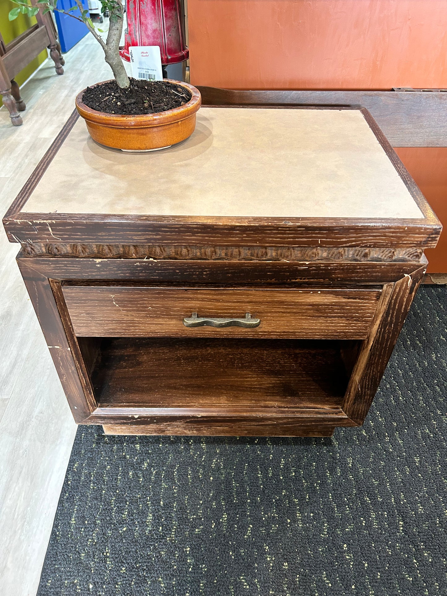 MCM Wooden Nightstand- Tan Panel Top with Drawer