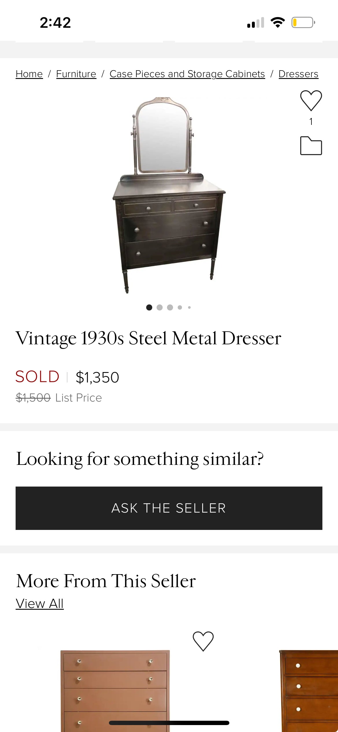 RARE Antique 1920’s Metal Dresser- No Mirror