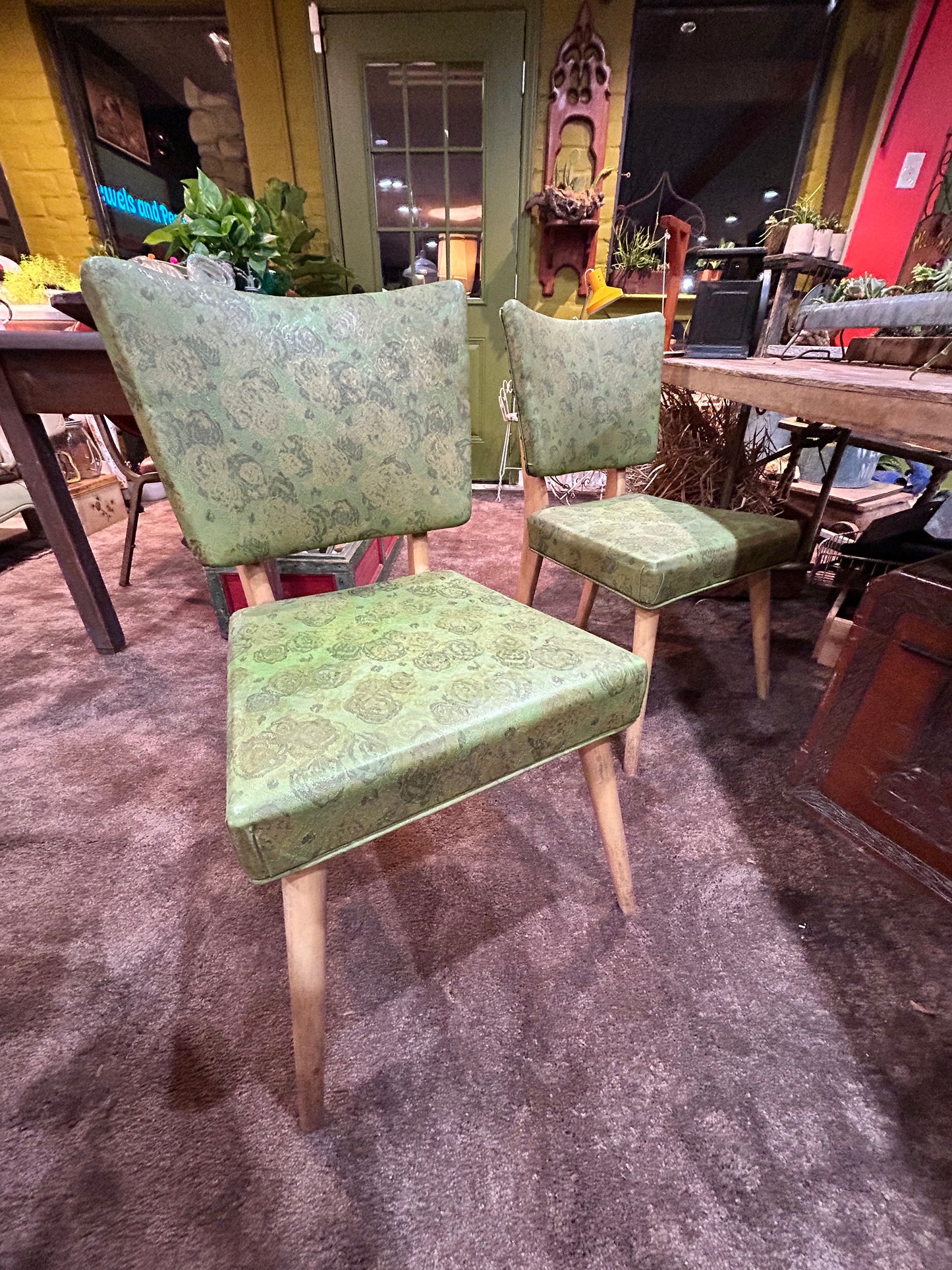 Mid Century Green Floral Print Vinyl Chairs- Meier Pohlmann Set of 2