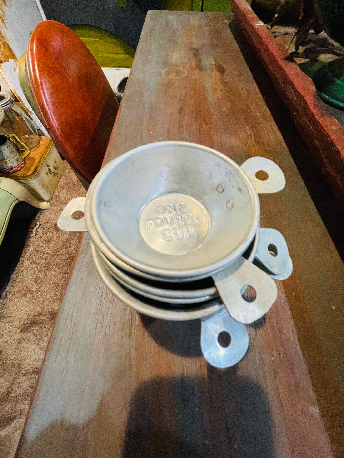 Antique Tin Measuring Cups with Acorn Tea Bell Infuser- Set of 7 Pieces