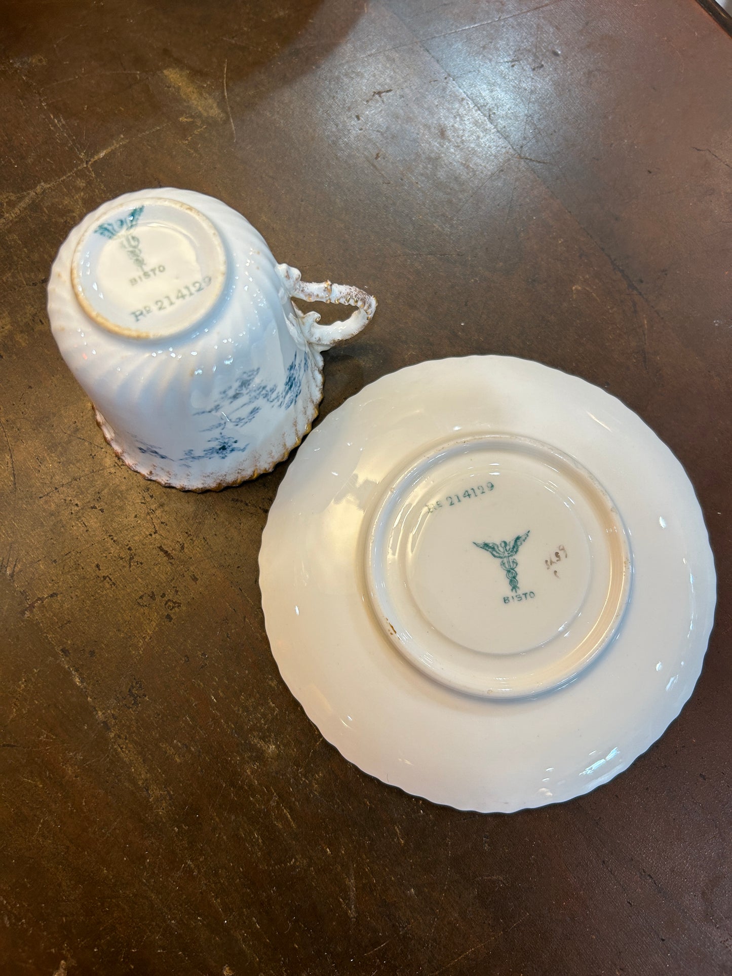 Bisto Bishop and Stonier Bone China Blue Flowers Gold Gilded Trim Demitasse Teacup and Saucer Set