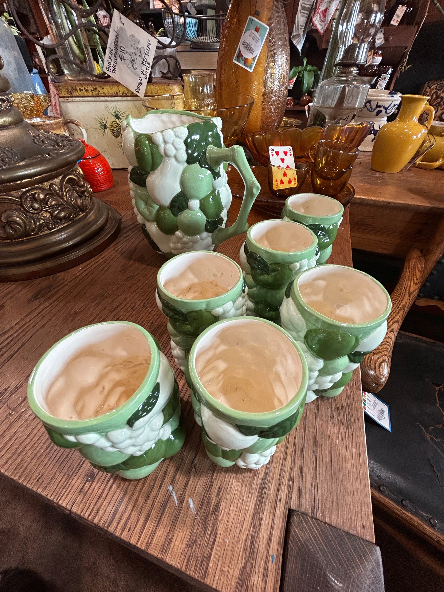 Vintage 70’s Majolica Fruit Pitcher and Set of 6 Juice Cups