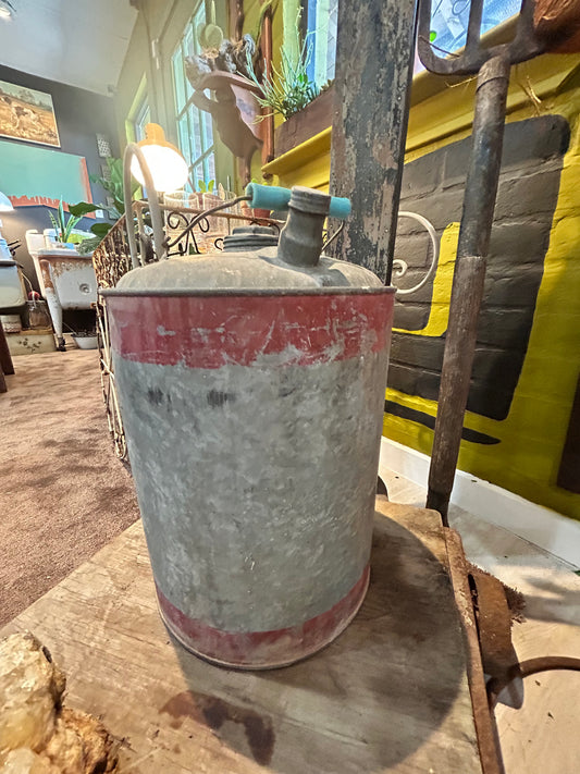 Vintage Galvanized Gas Can- Patina Red Metal- Blue Handle