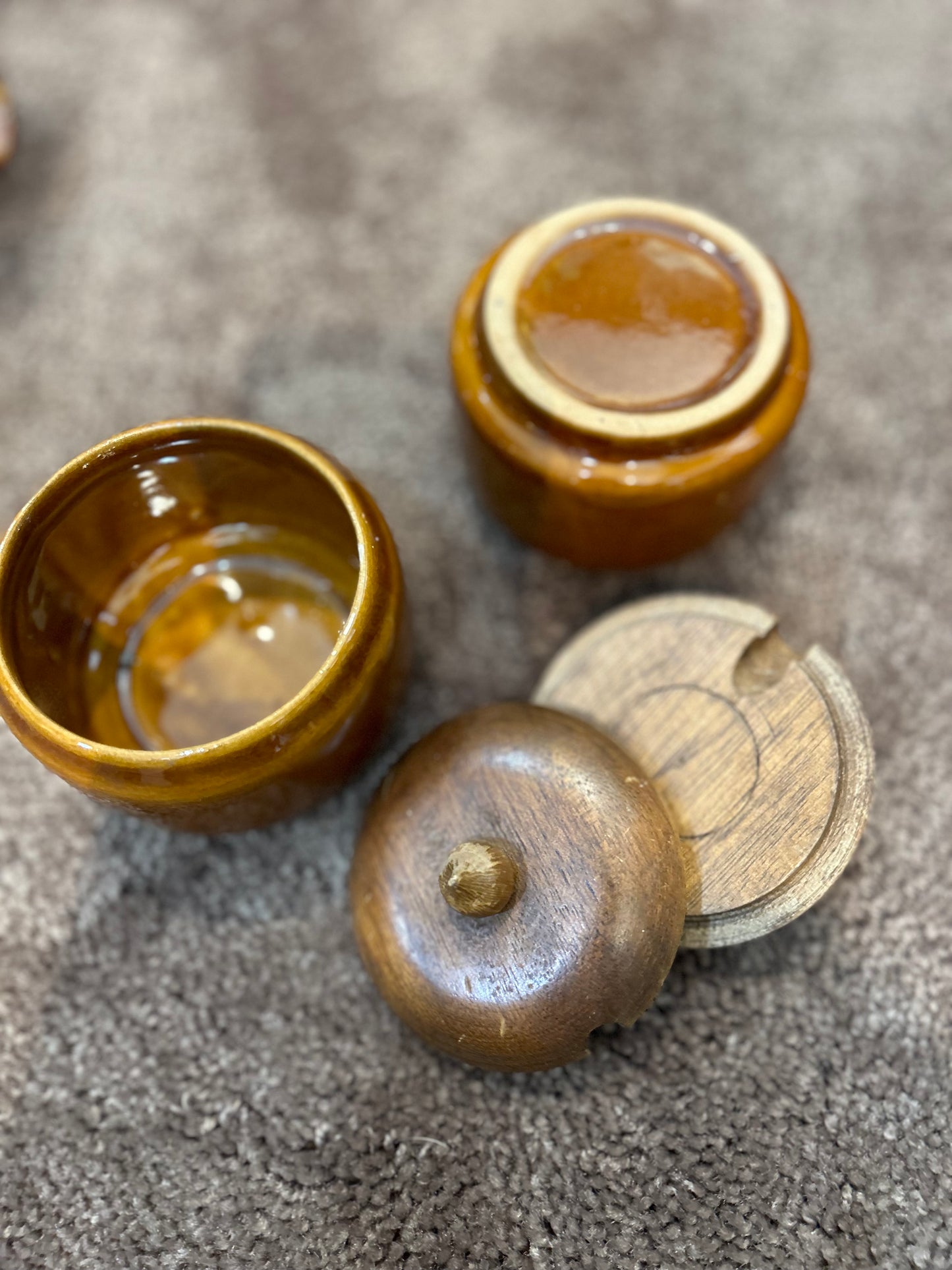 Vintage 70’s Condiment Set- Ceramic and Wood- No Spoons
