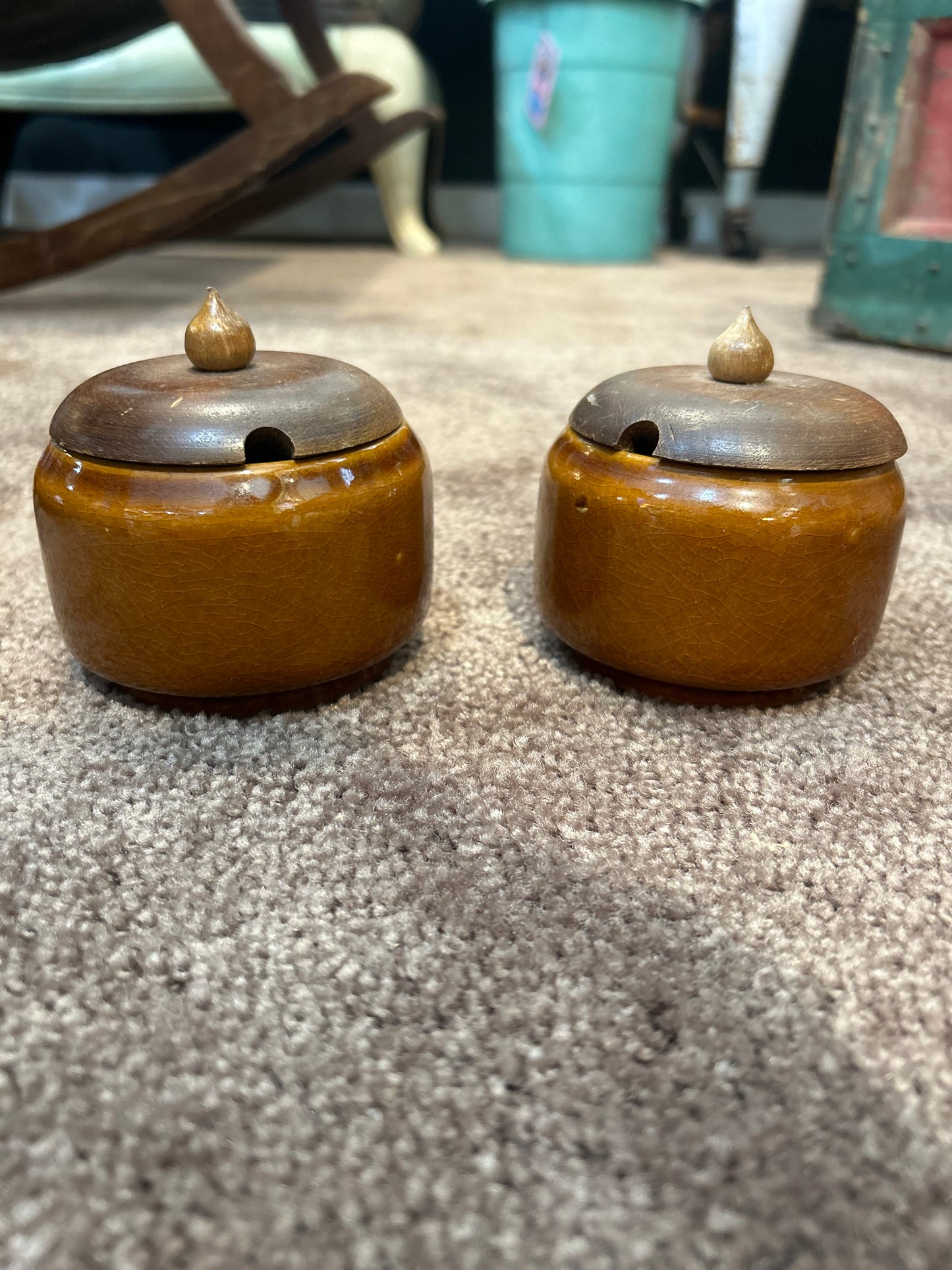 Vintage 70’s Condiment Set- Ceramic and Wood- No Spoons