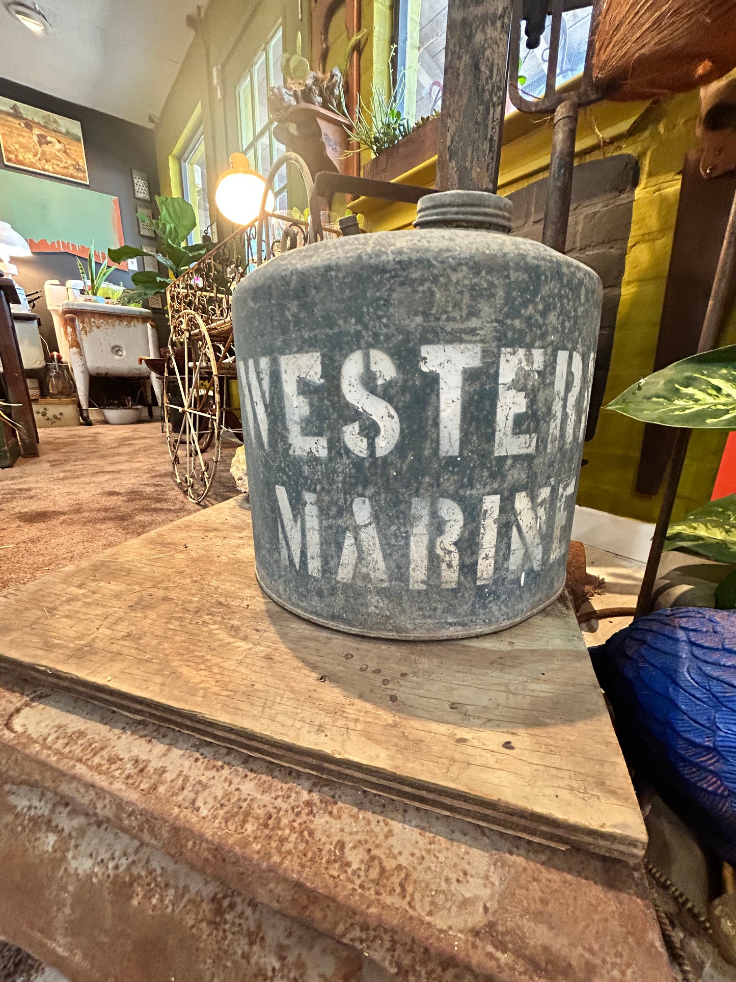Vintage Western Marine- Galvanized Gas Can- Metal Patina