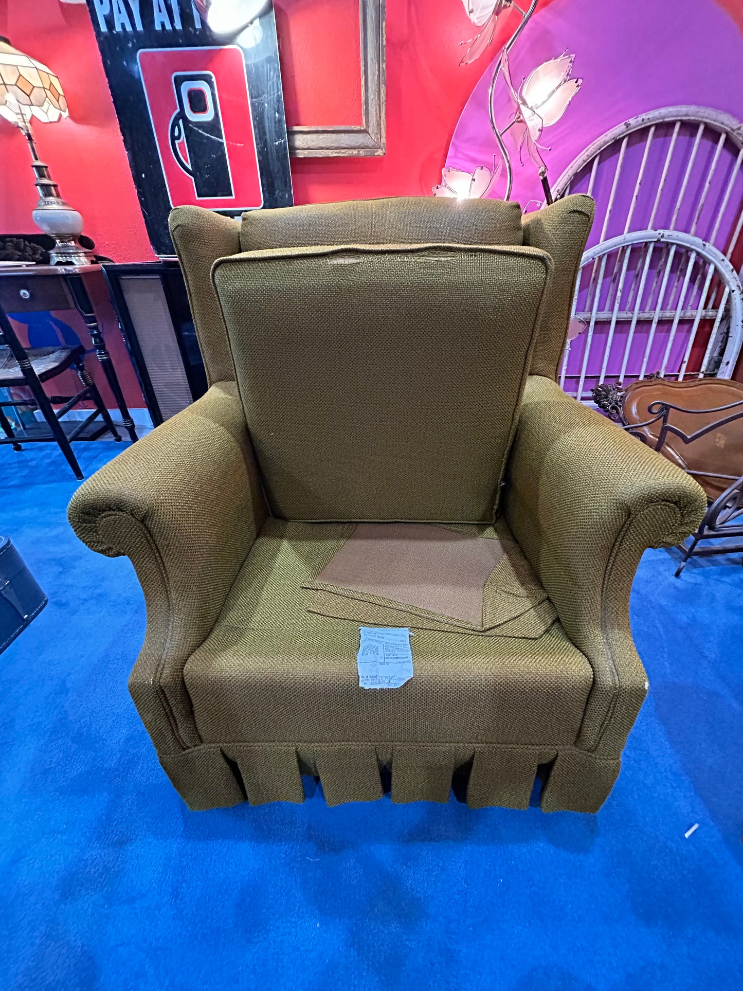 Vintage Chartreuse Felt Wingback Chair