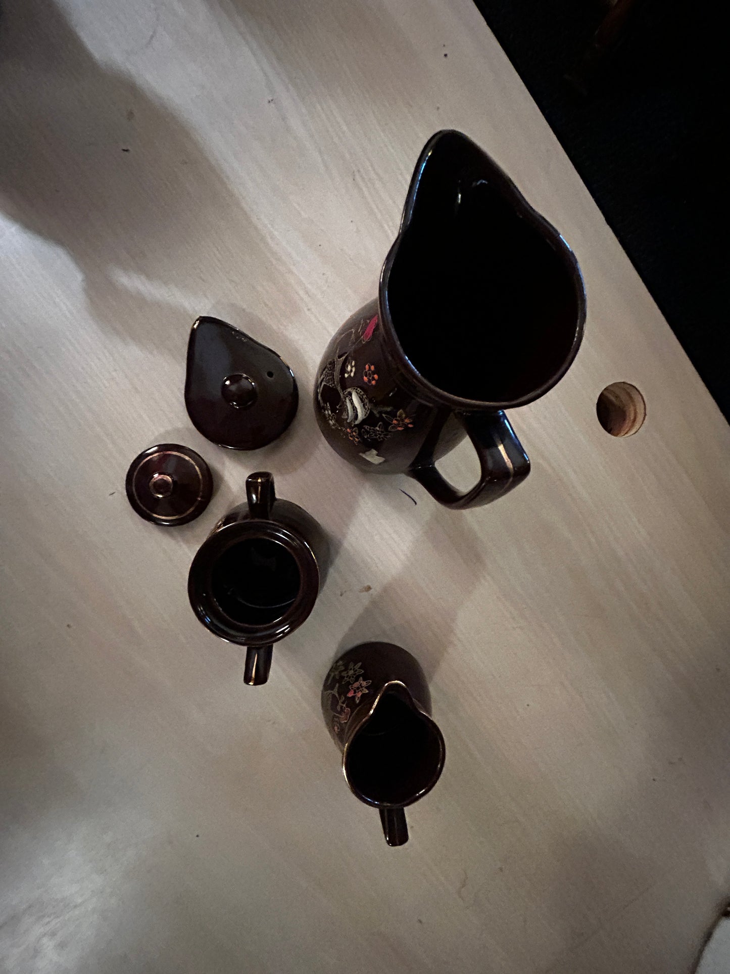 Vintage Moriage Redware Pitcher, Cramer, Sugar Bowl Set- Enameled Rooster-Japan