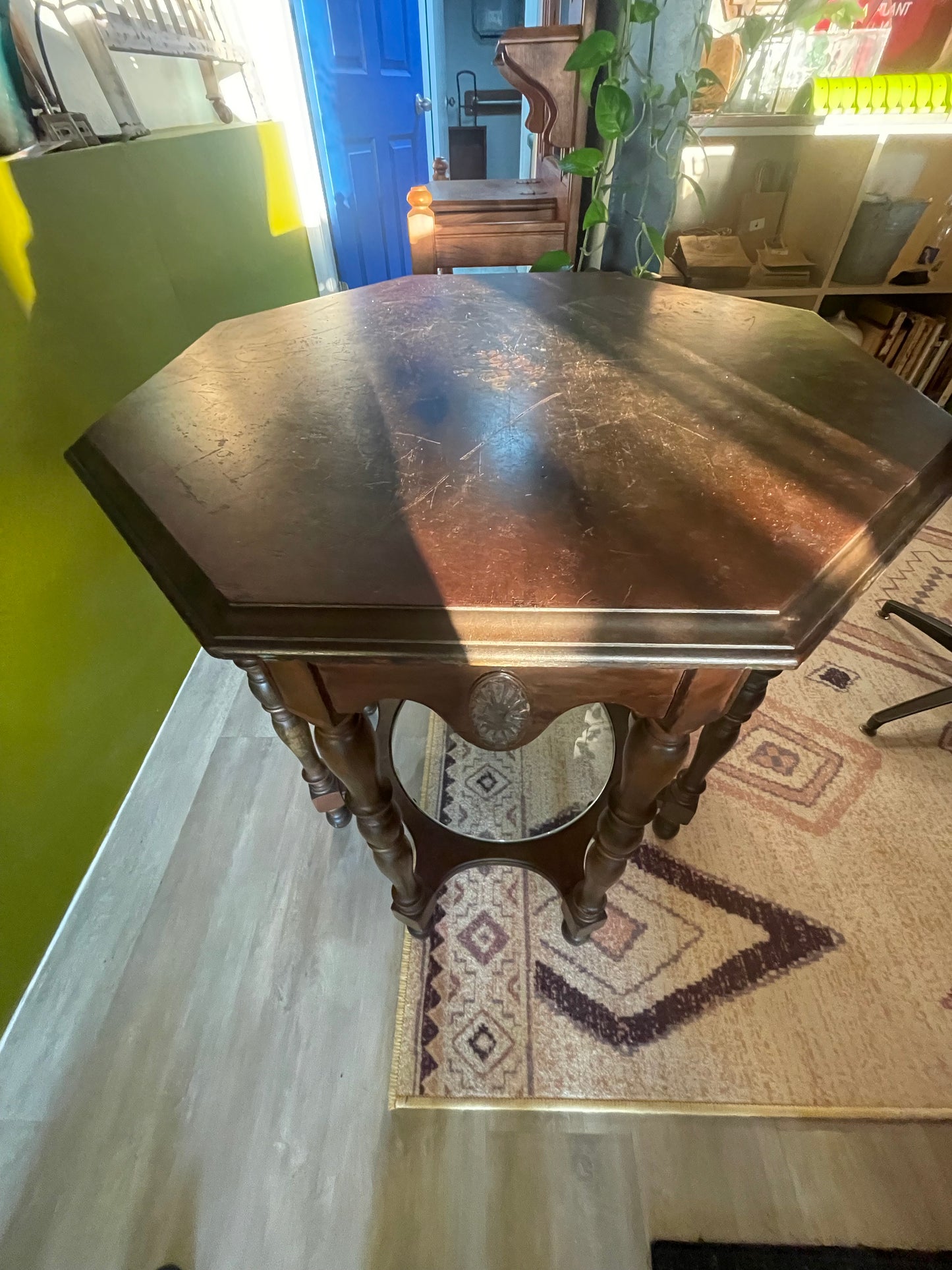 Antique Wooden Octagon Table- Imprinted and Original Glass