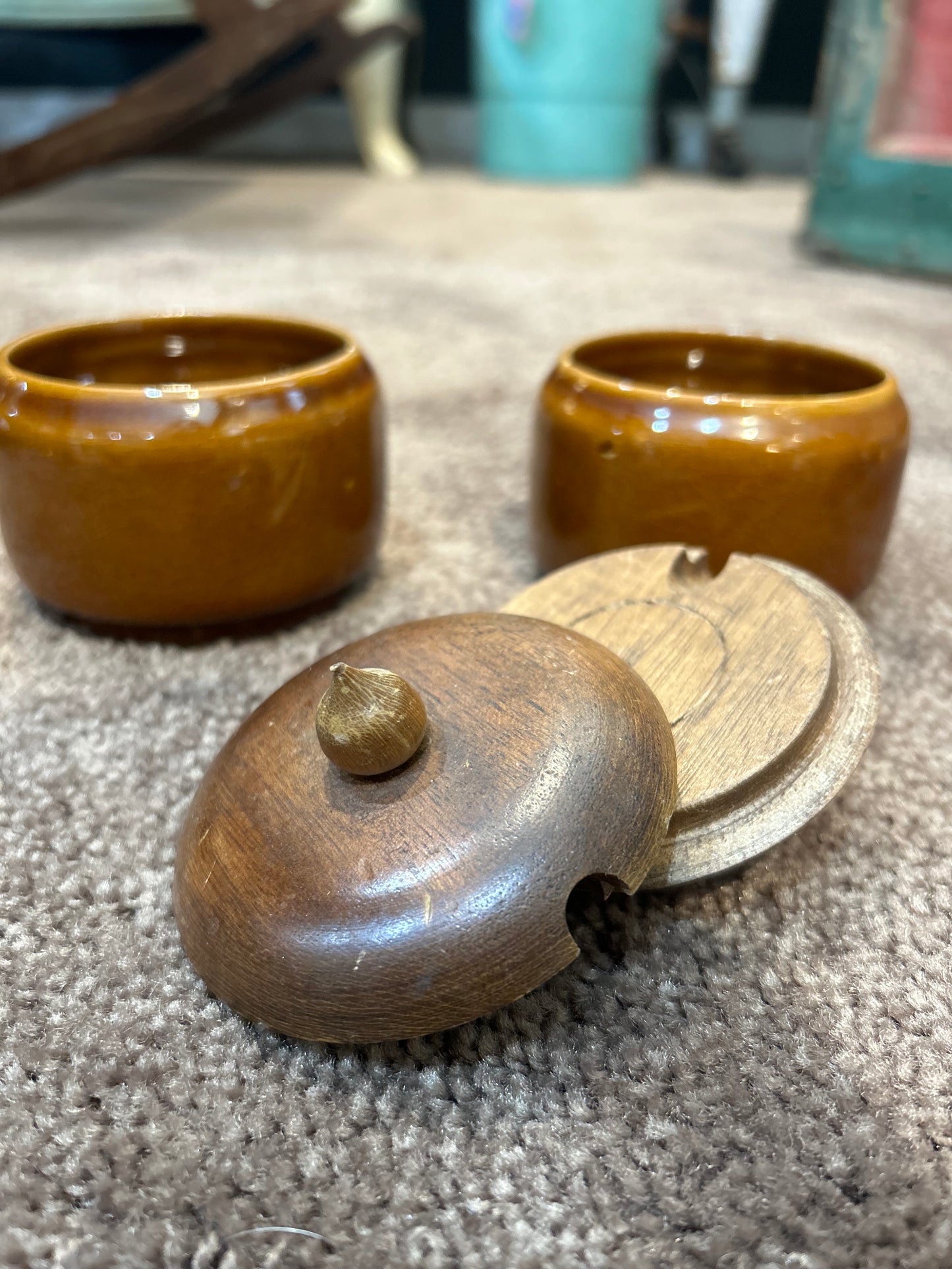 Vintage 70’s Condiment Set- Ceramic and Wood- No Spoons