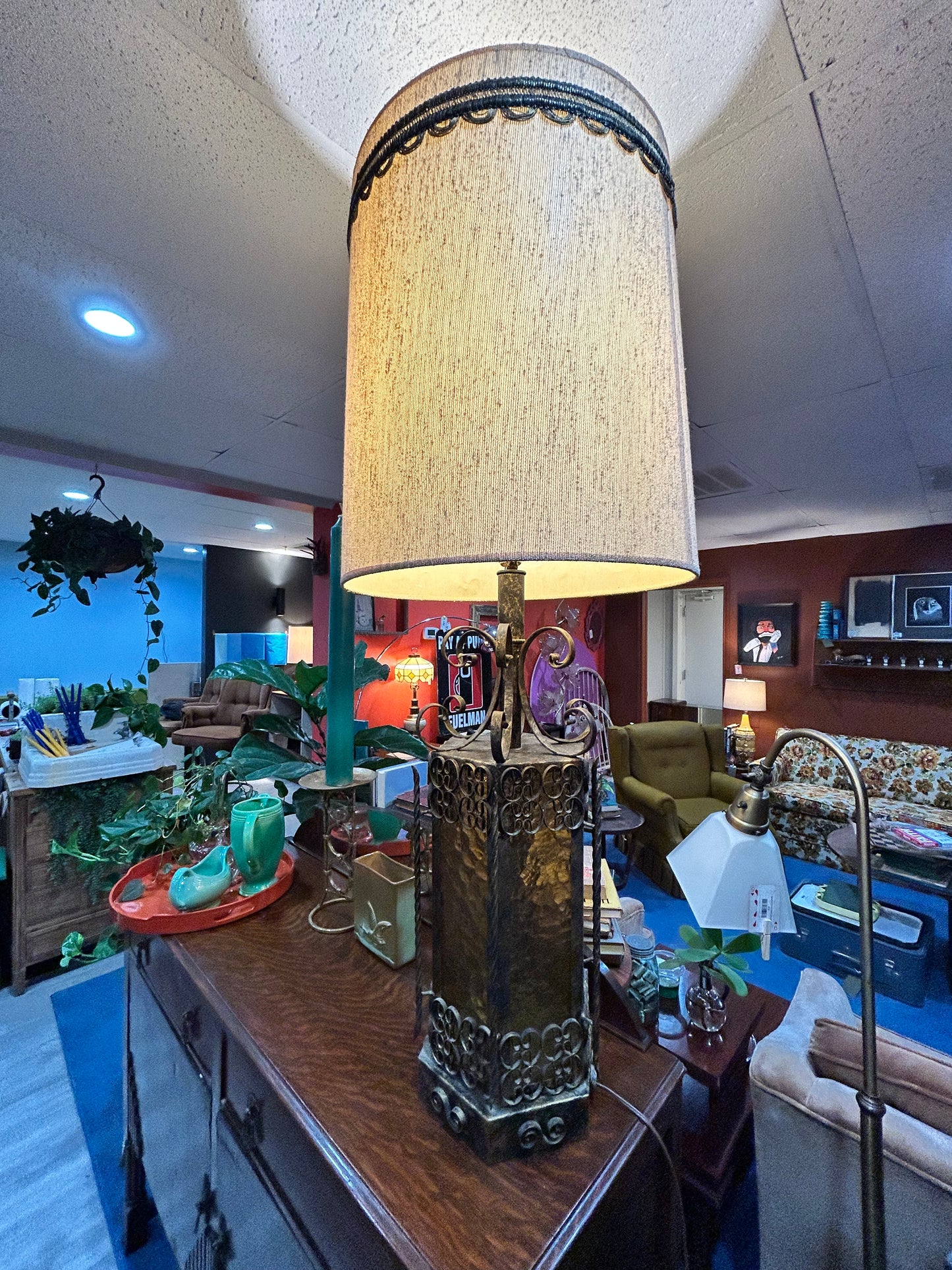 Vintage Amber Glass and Iron Spanish Revival Gothic Table Lamp