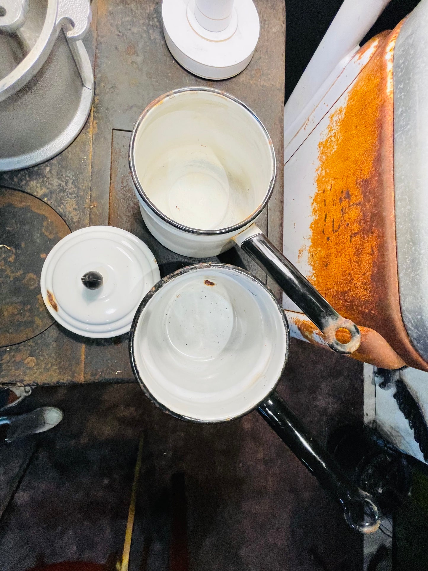 Vintage 1940’s Enamelware Double Broiler- White with Black Trim and Handle