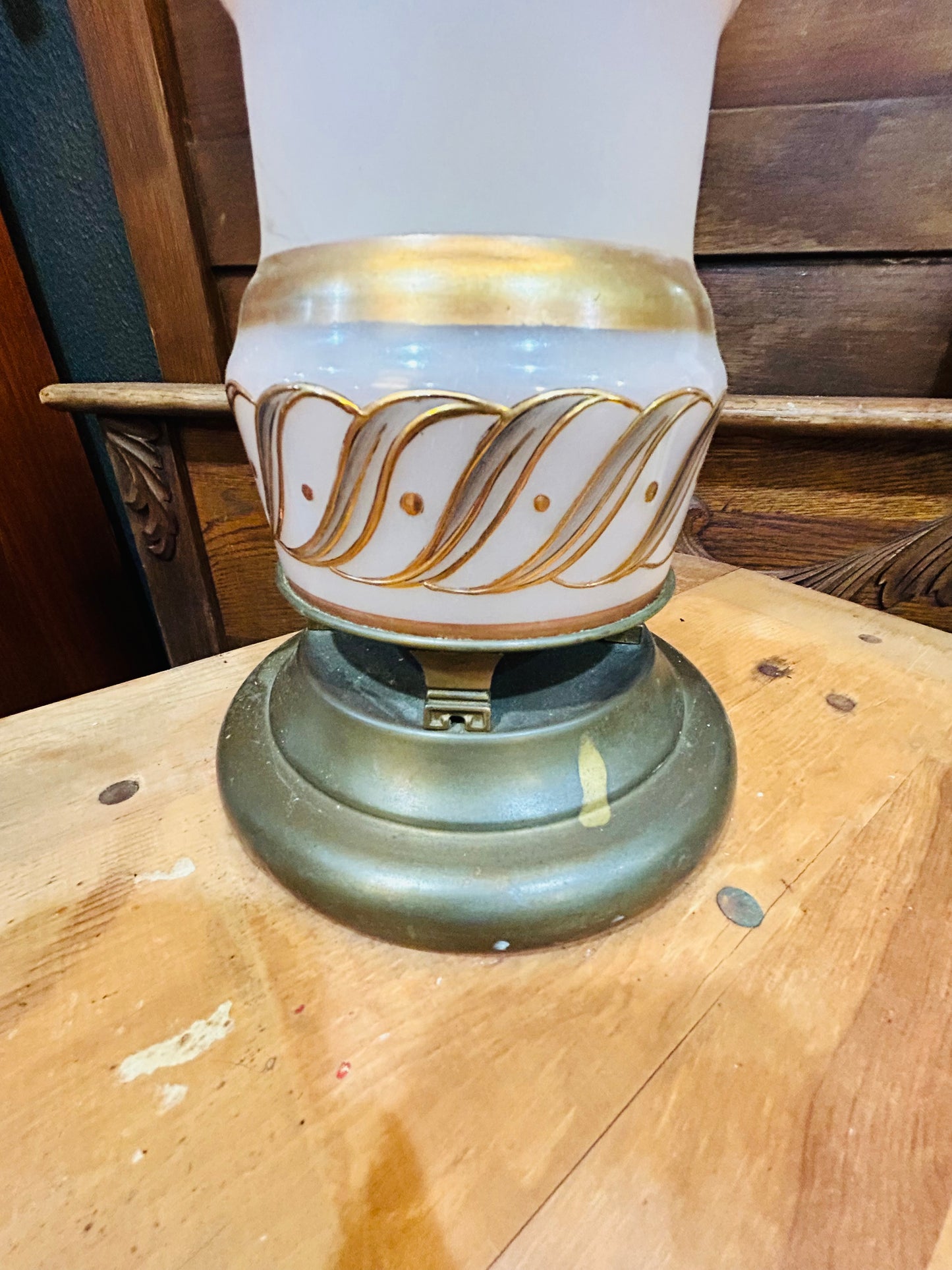 Vintage MCM Pink Glass and Brass Tall Table Lamp- Hand Painted Gold Accents