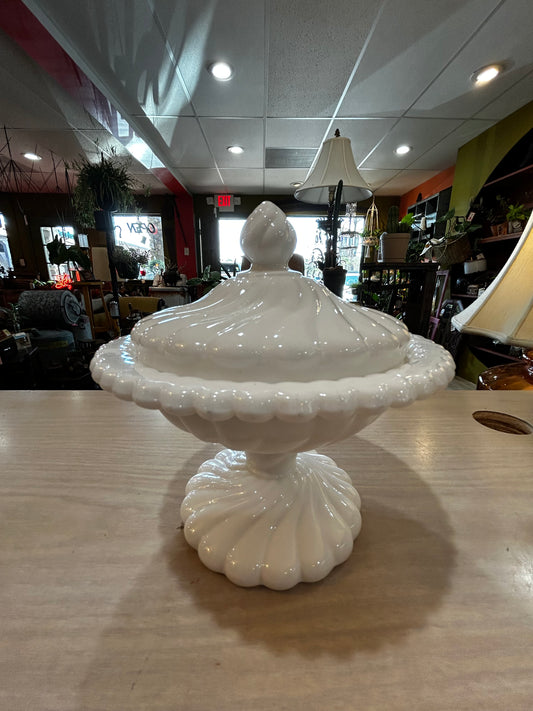 Fostoria Milk Glass Swirl Candy Dish with Lid