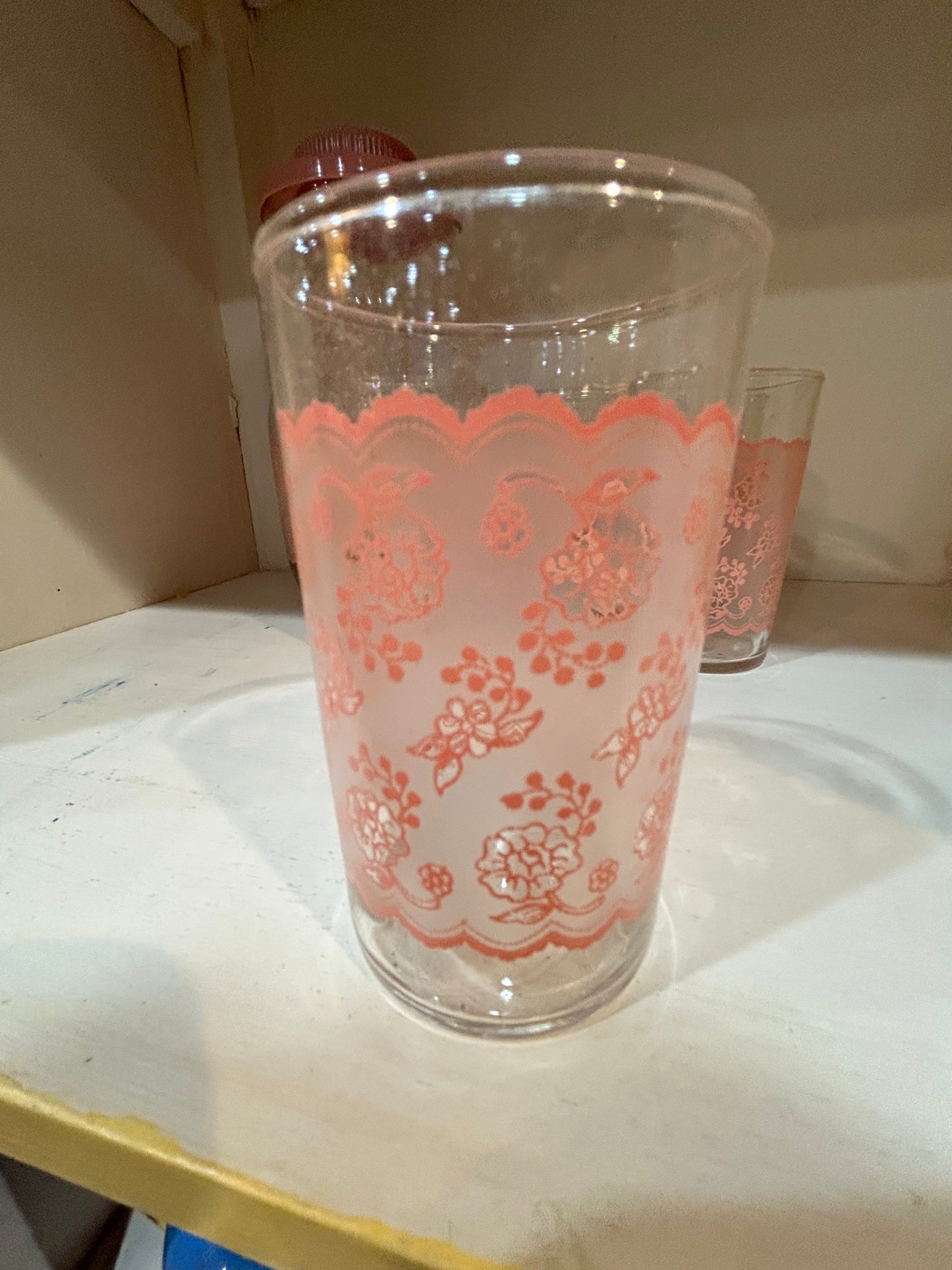 Vintage Tiara Pink Lace Juice Carafe with 6 Juice Glasses