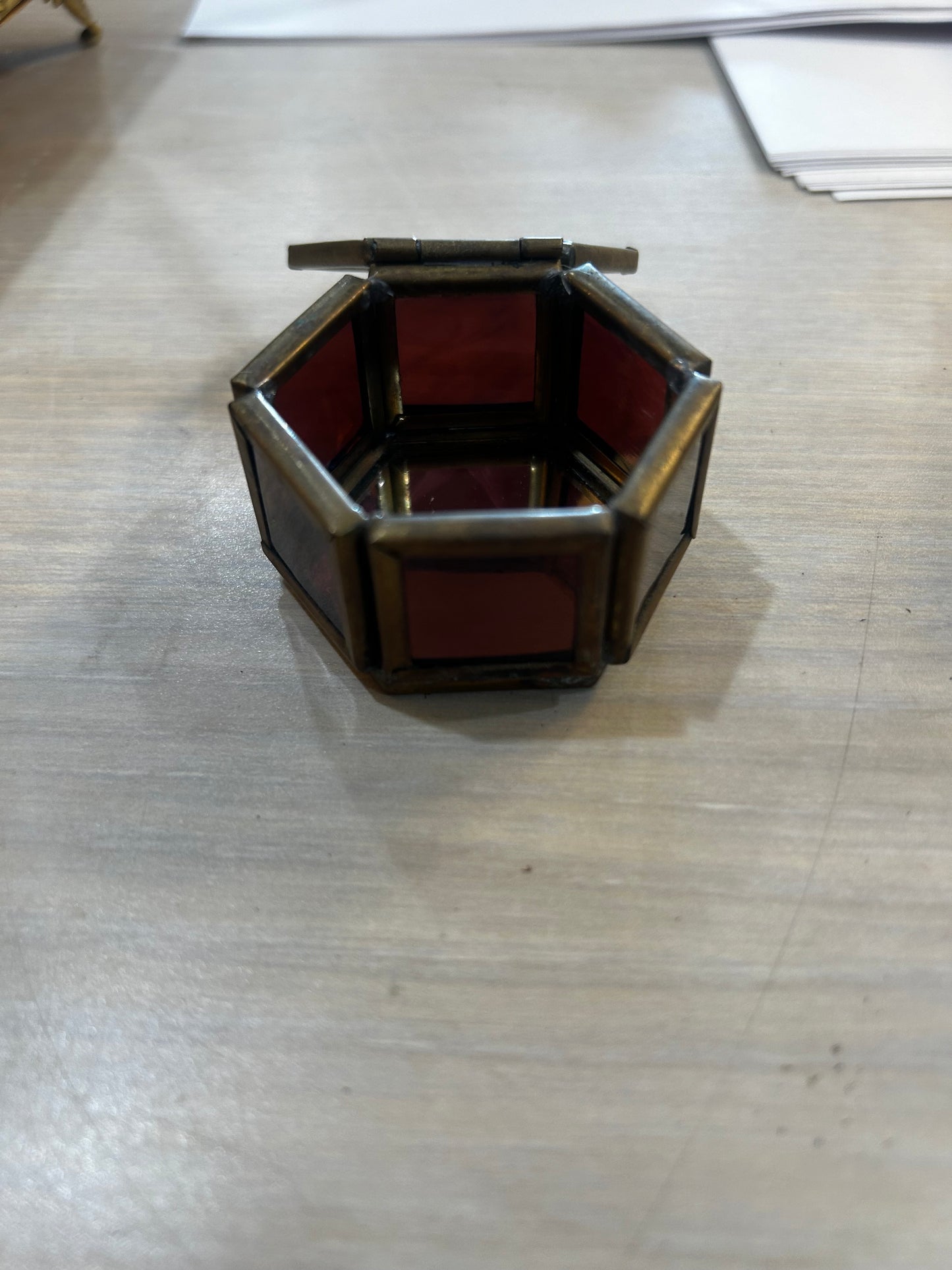 Hexagonal Stained Glass and Brass Trinket Box with Etched Bird