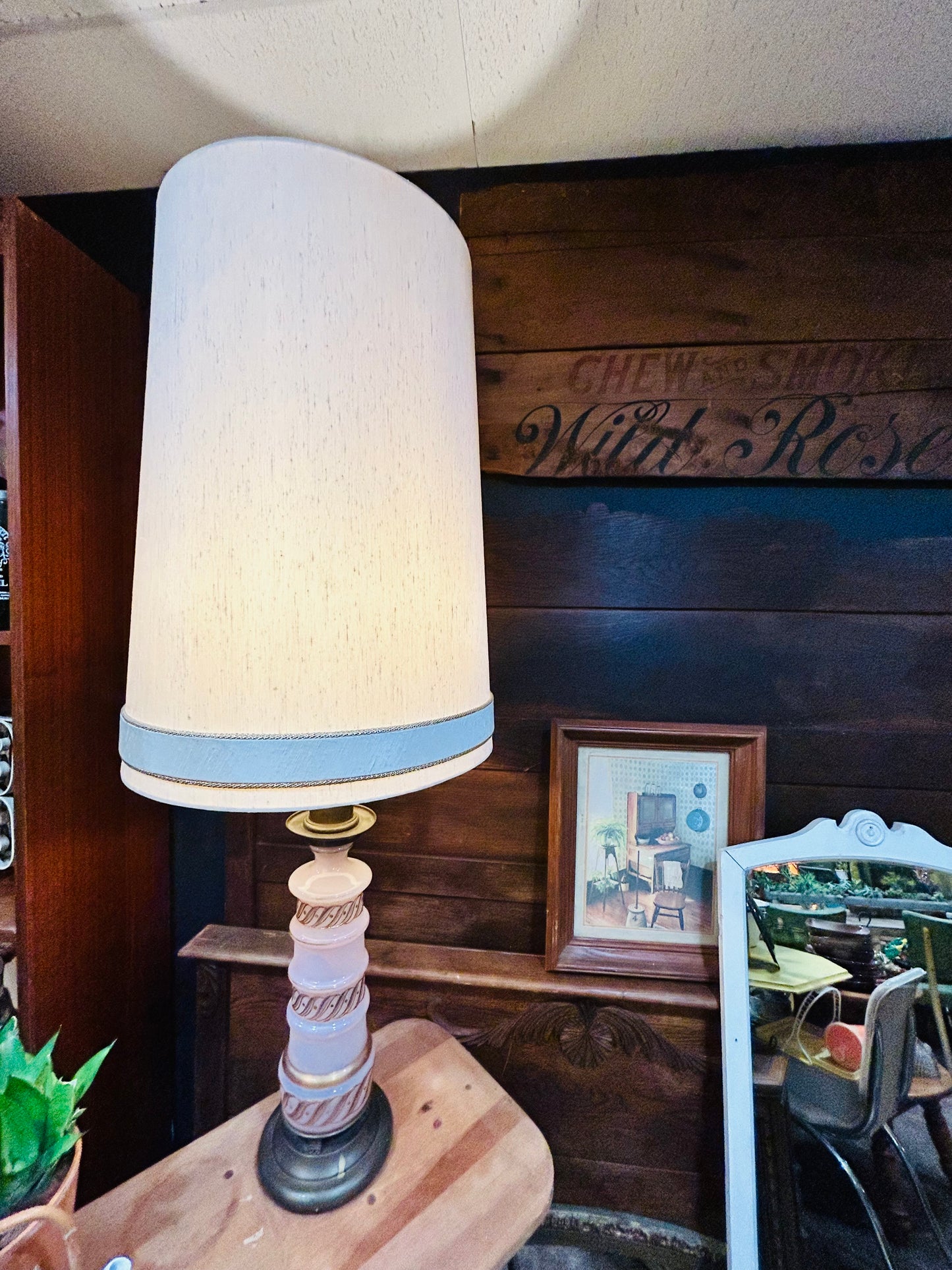 Vintage MCM Pink Glass and Brass Tall Table Lamp- Hand Painted Gold Accents